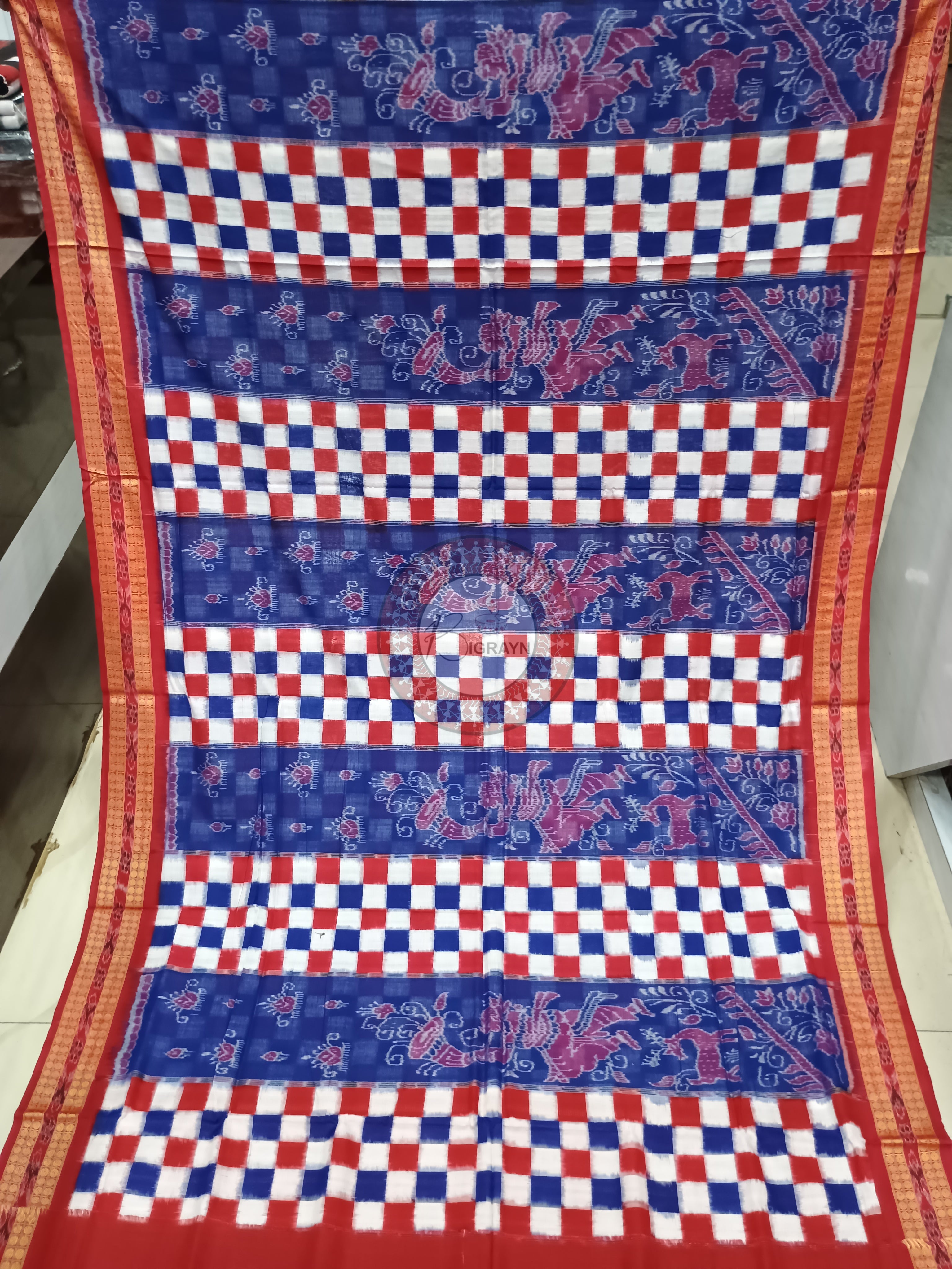 Blue Red Pasapali Dancer Design Odisha Handloom Sambalpuri Cotton Saree