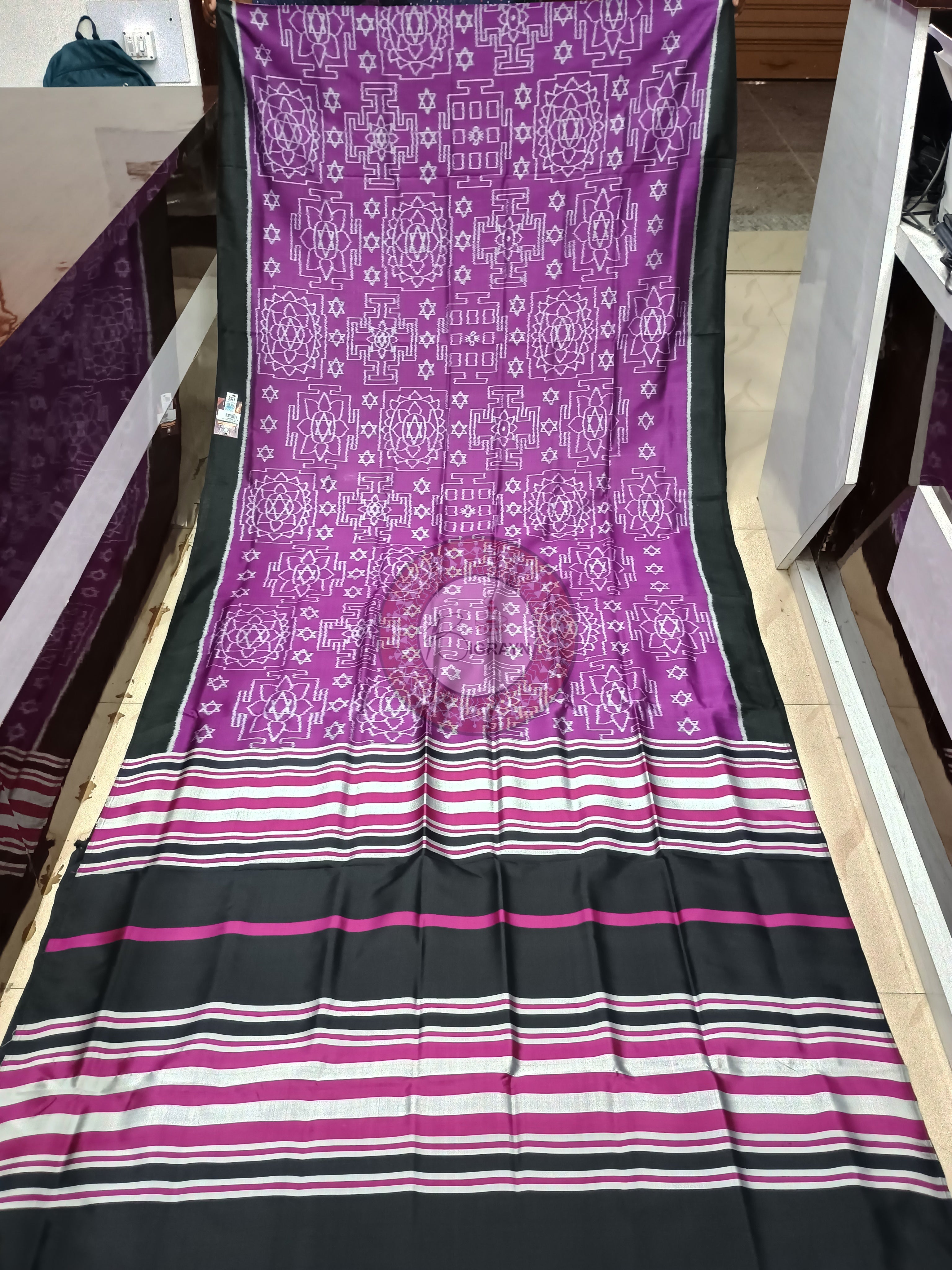 Purple Black Laxmi Yantra Mulberry Silk Saree