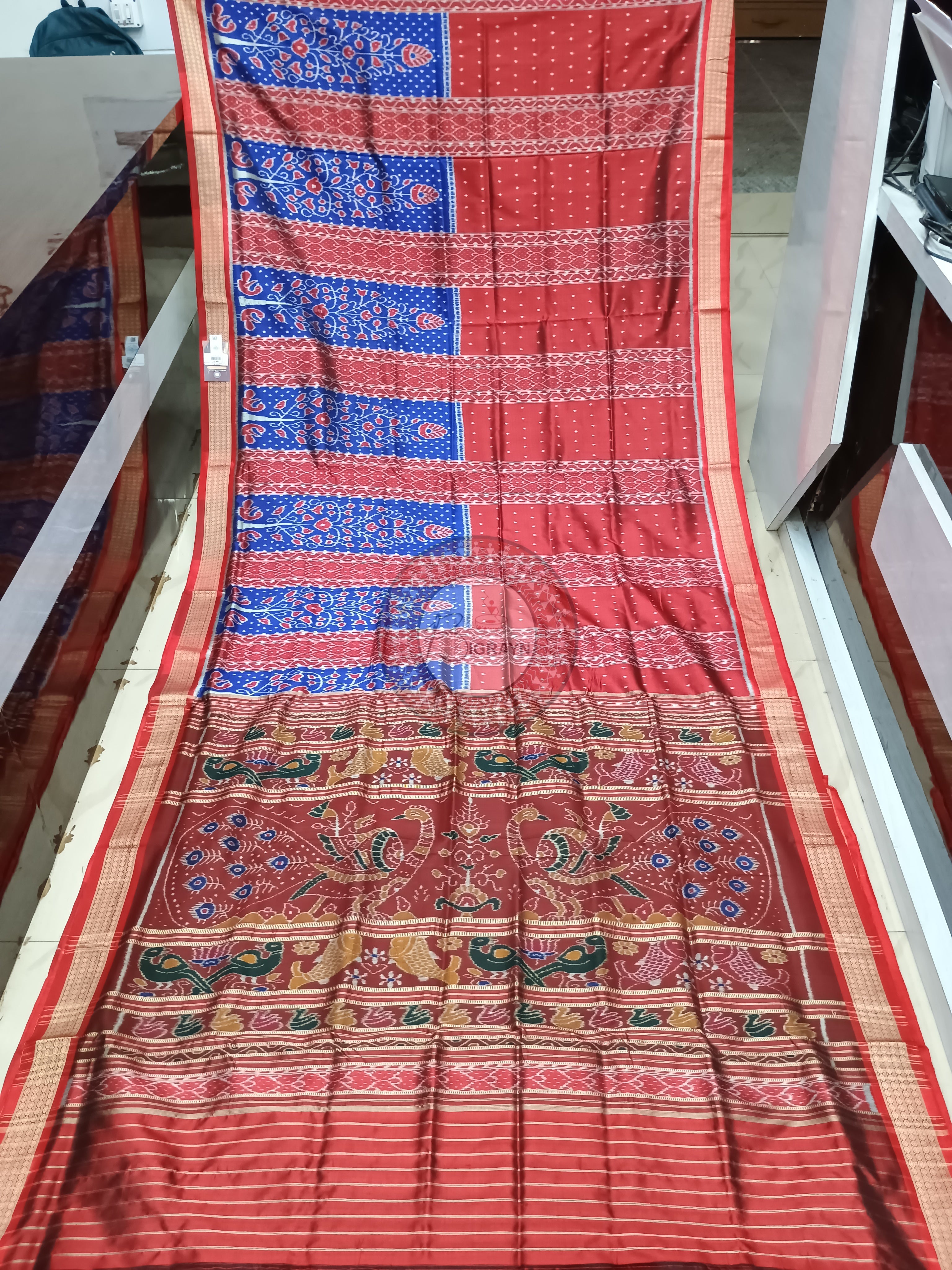 Blue Maroon Half Half Design Mulberry Silk Saree