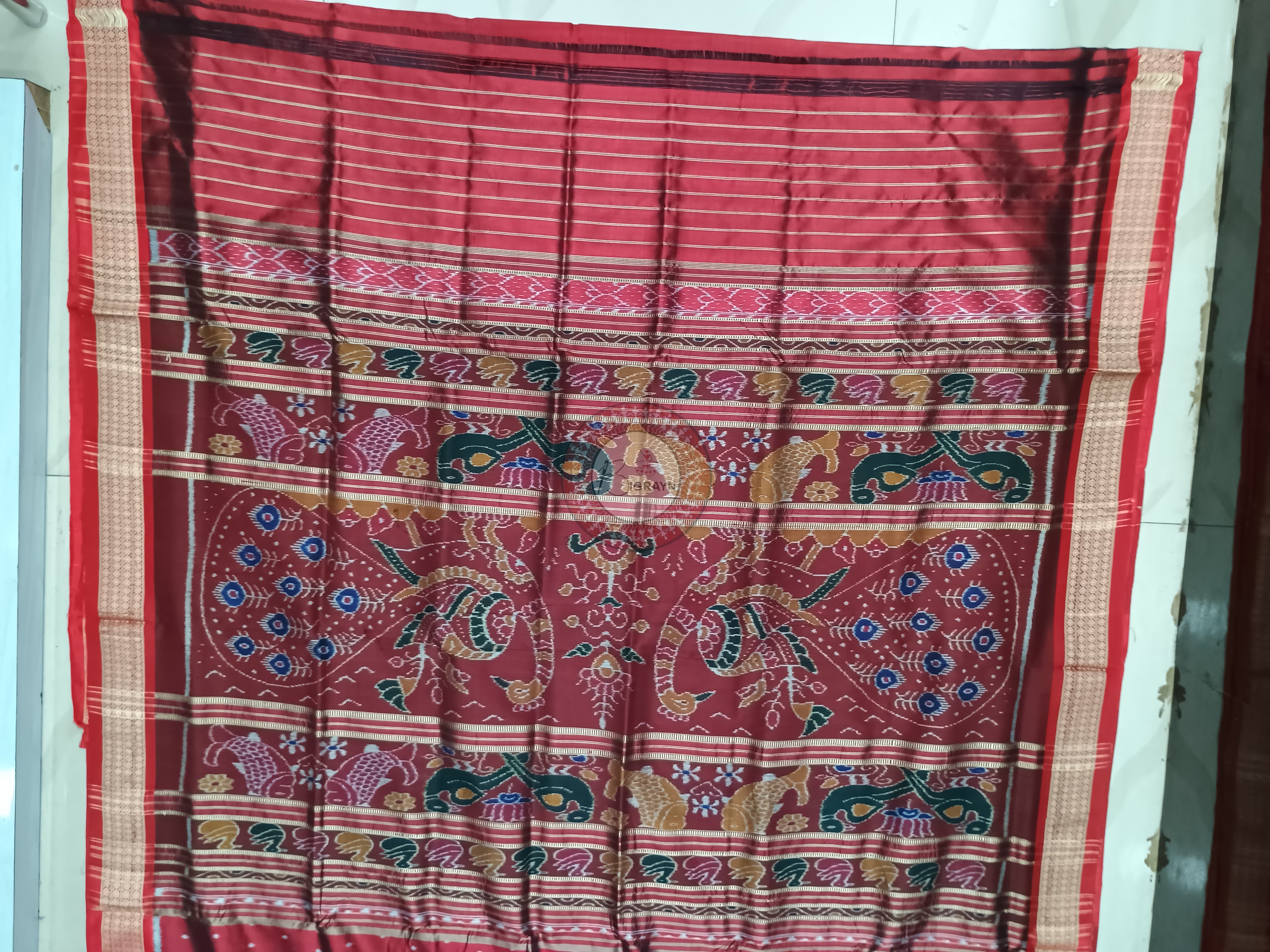 Blue Maroon Half Half Design Mulberry Silk Saree