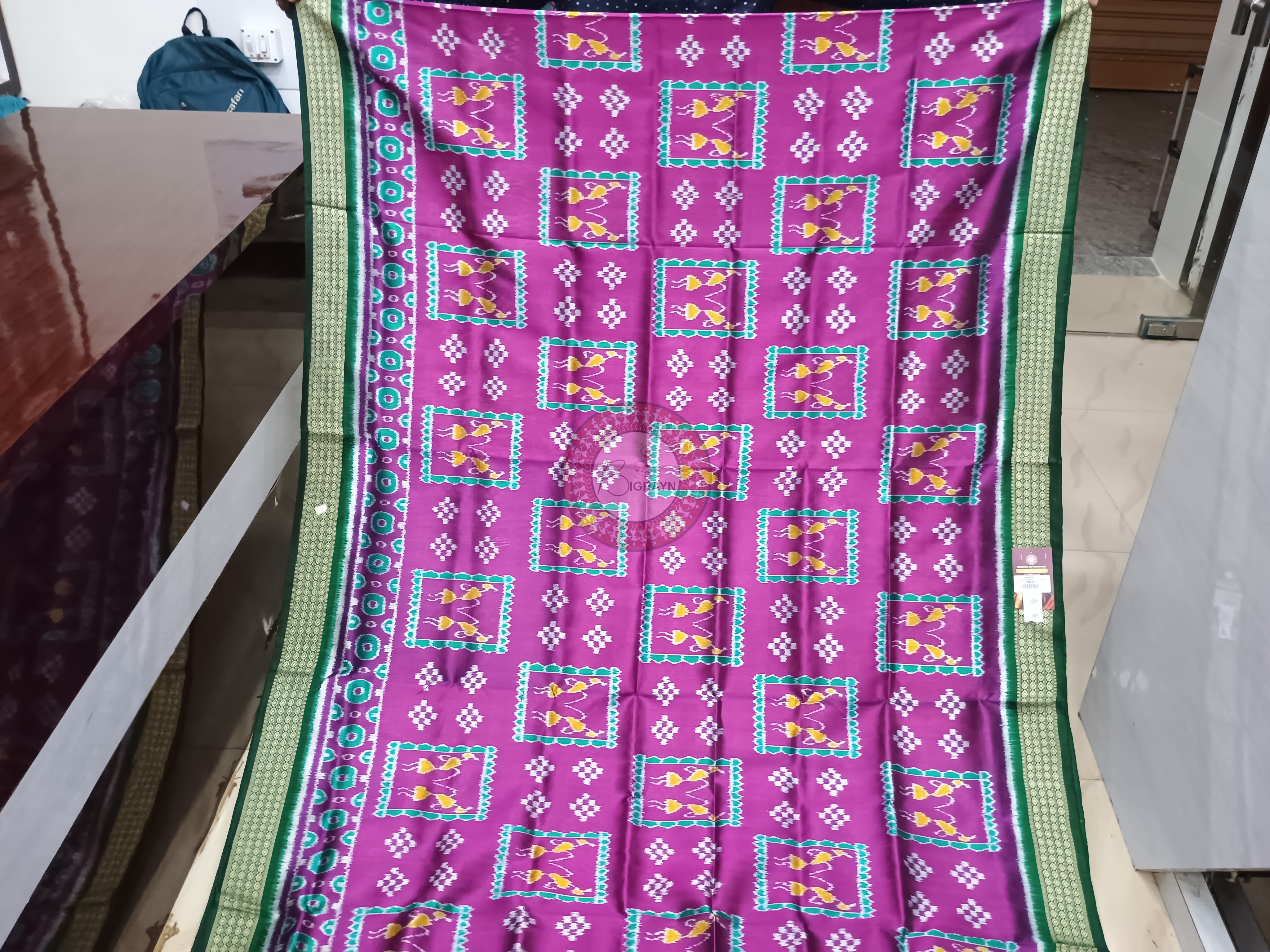 Purple Green Box Tribal Design Mulberry Silk Saree