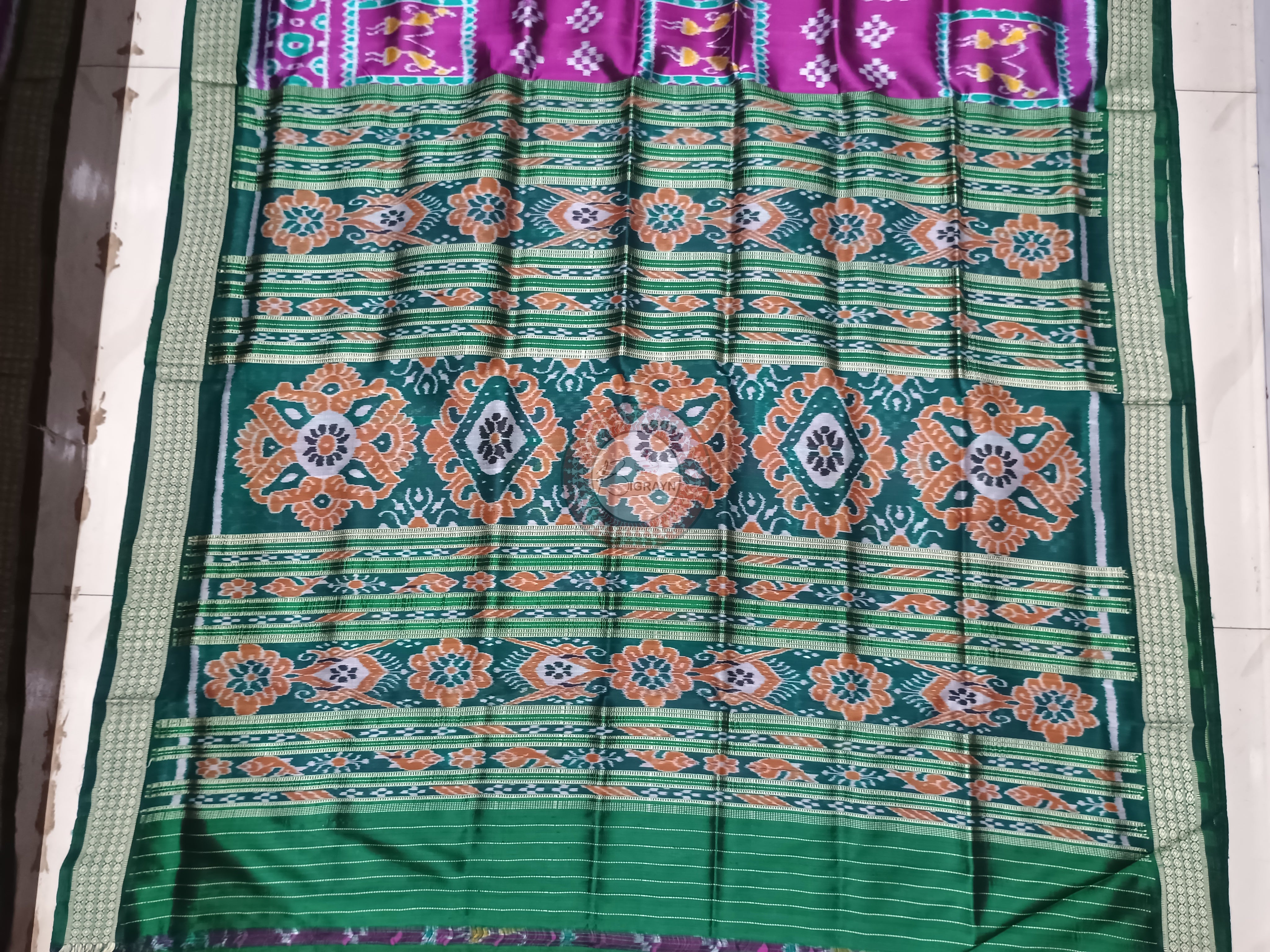 Purple Green Box Tribal Design Mulberry Silk Saree