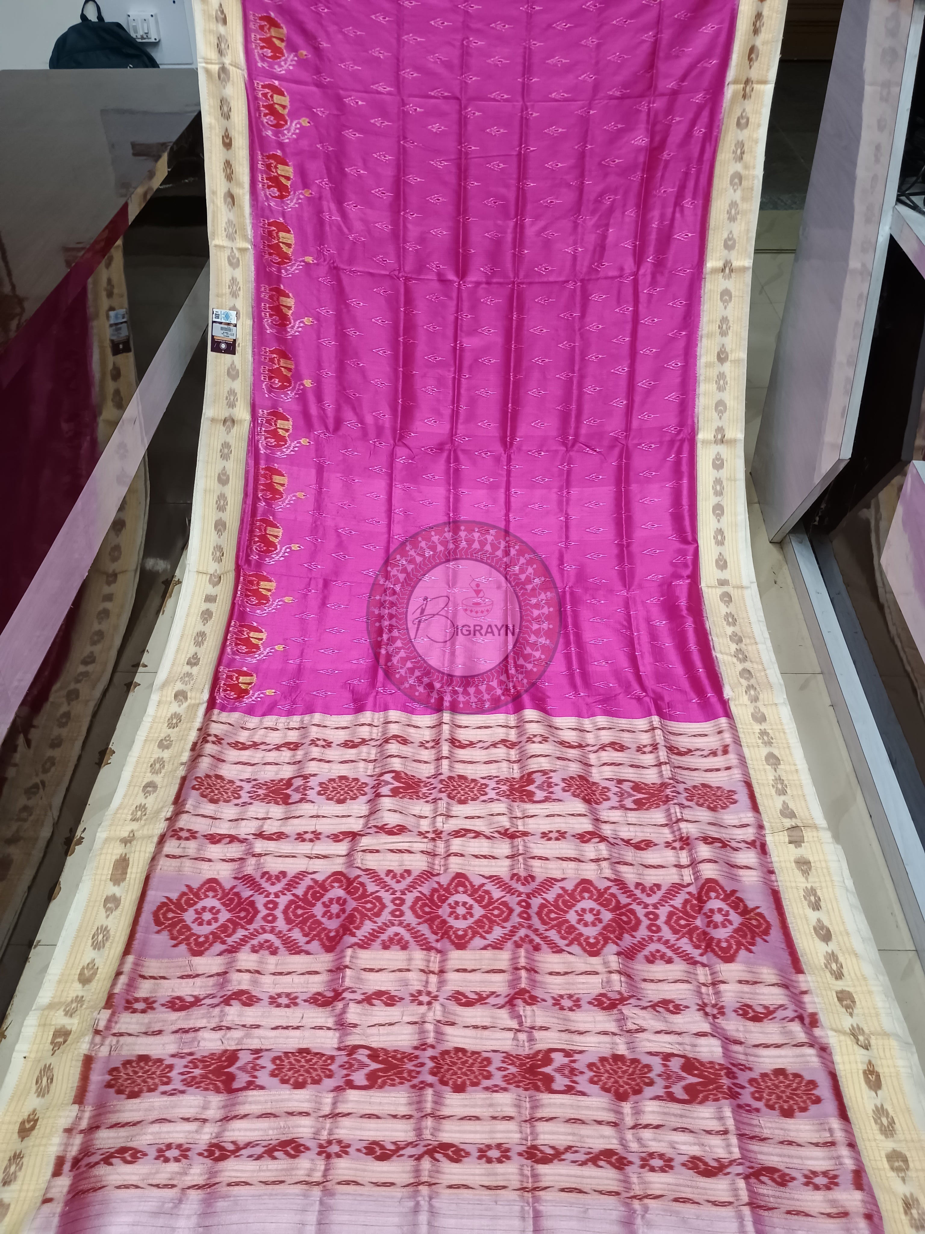 Pink Creame Elephant Scot Mulberry Silk Saree