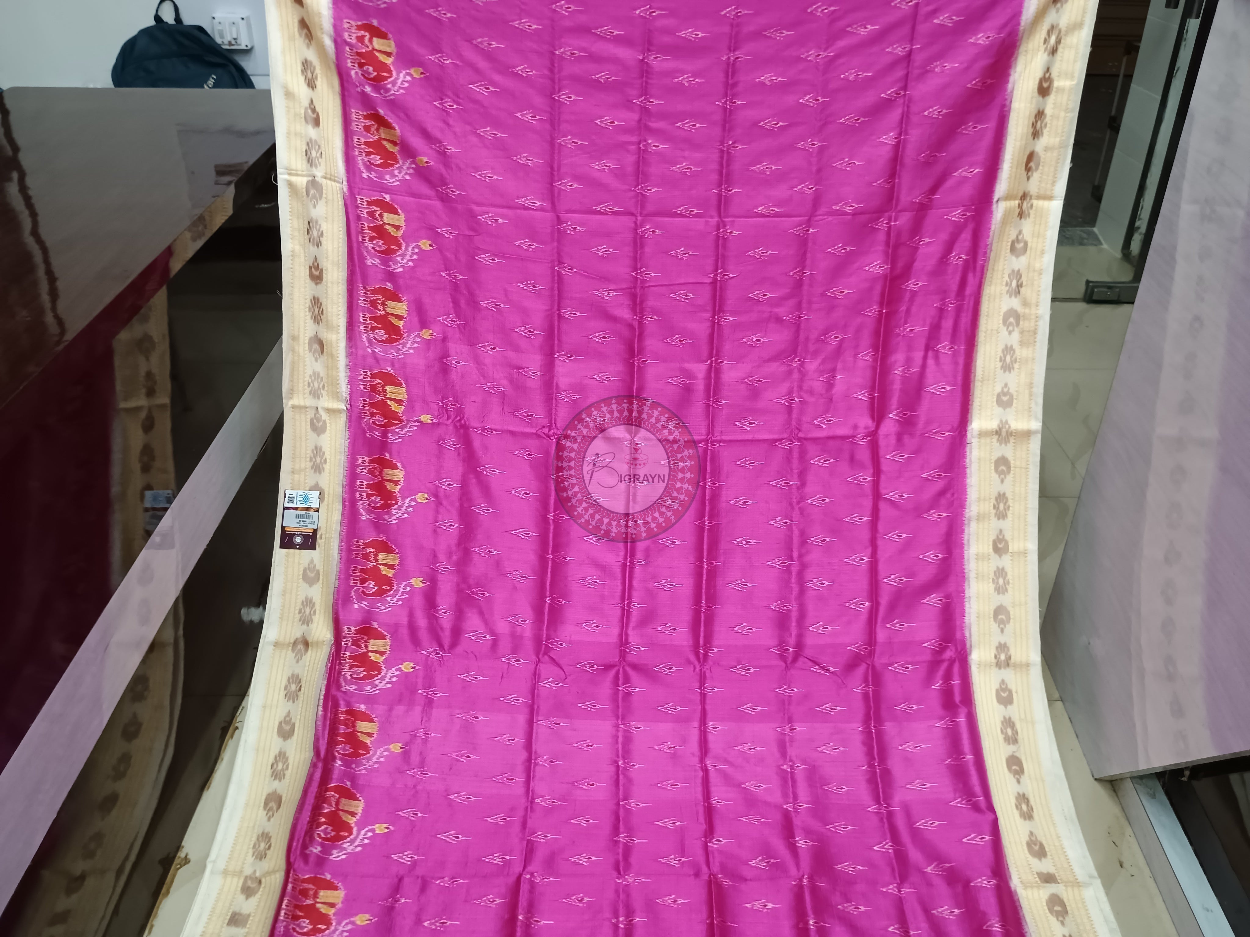 Pink Creame Elephant Scot Mulberry Silk Saree