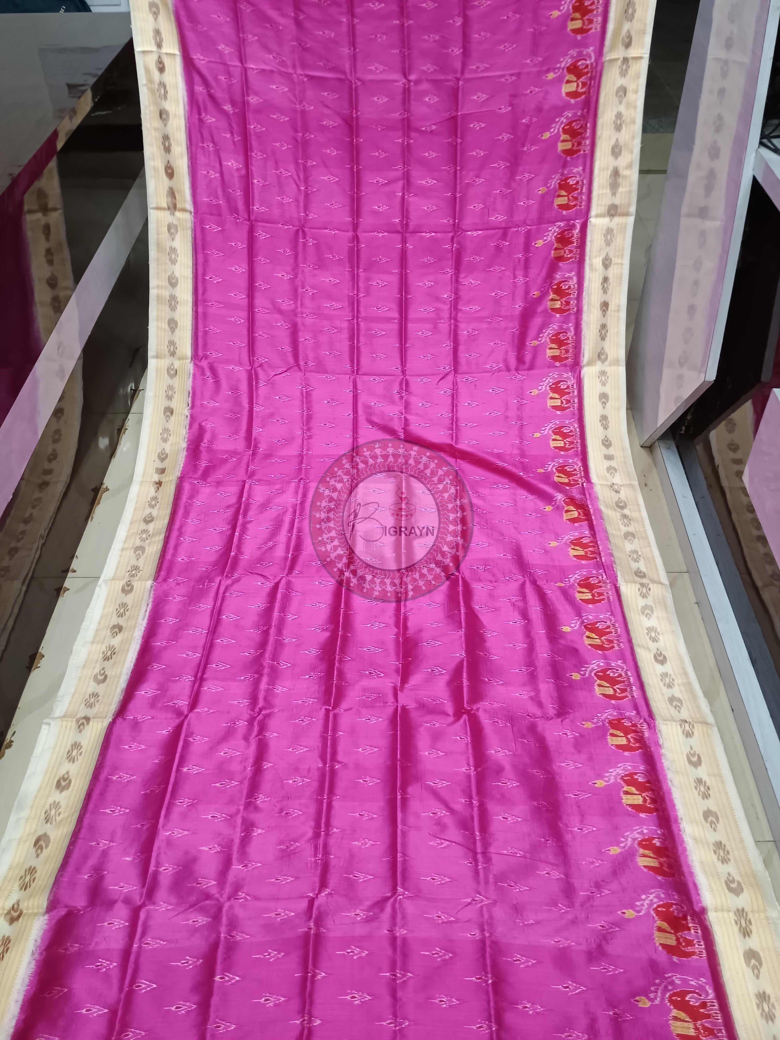 Pink Creame Elephant Scot Mulberry Silk Saree