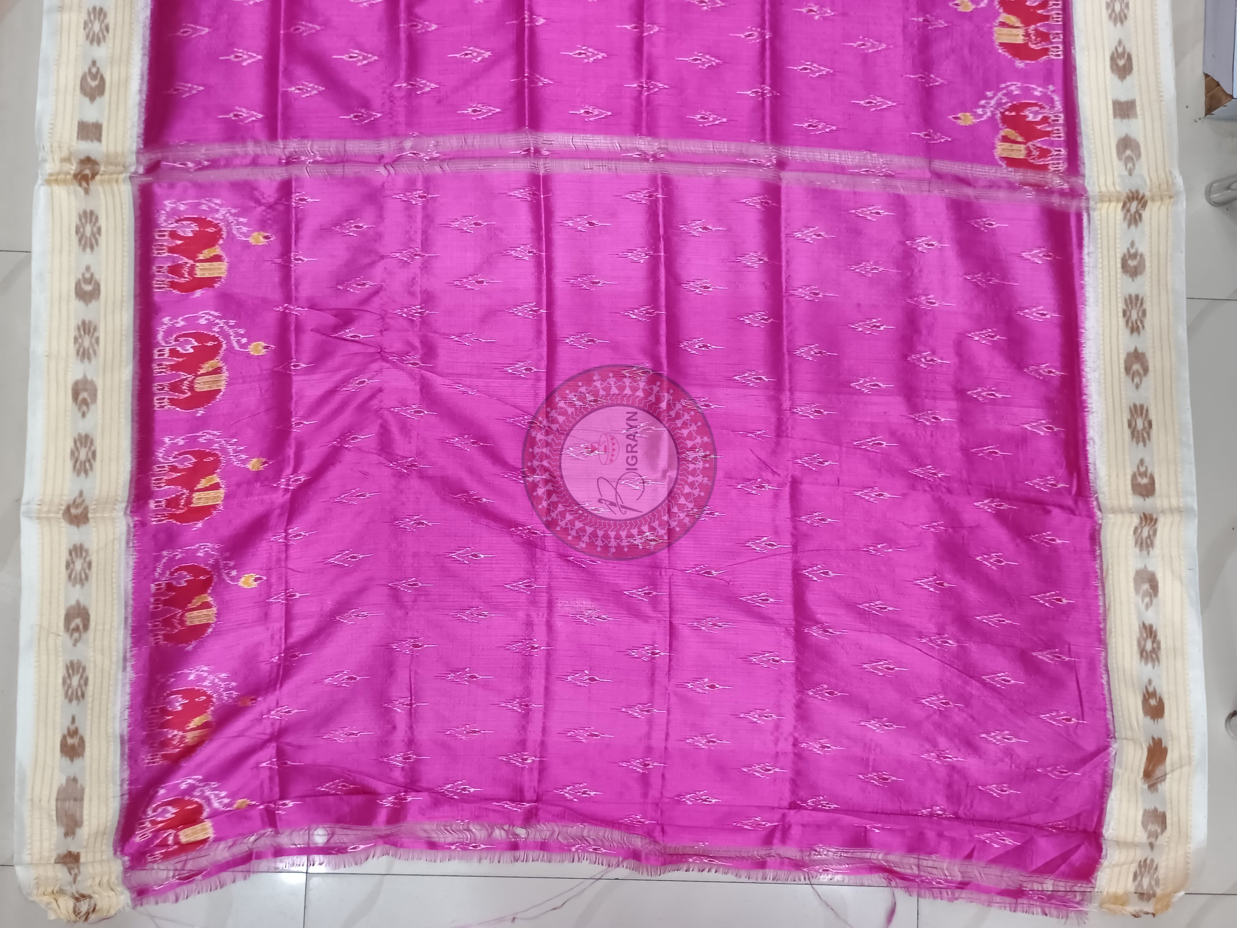 Pink Creame Elephant Scot Mulberry Silk Saree
