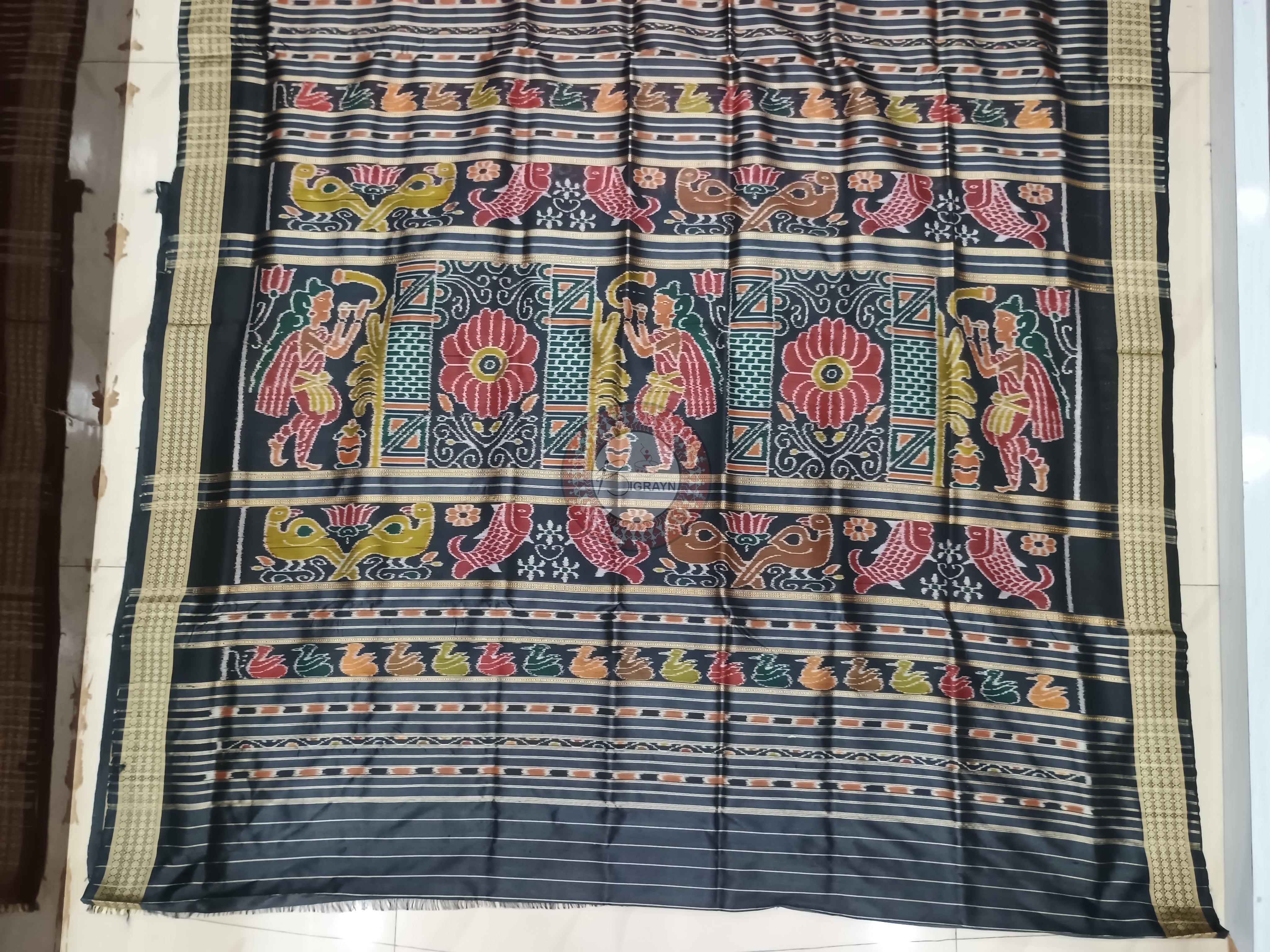 Maroon Black Odia Alphabet Mulberry Silk Saree