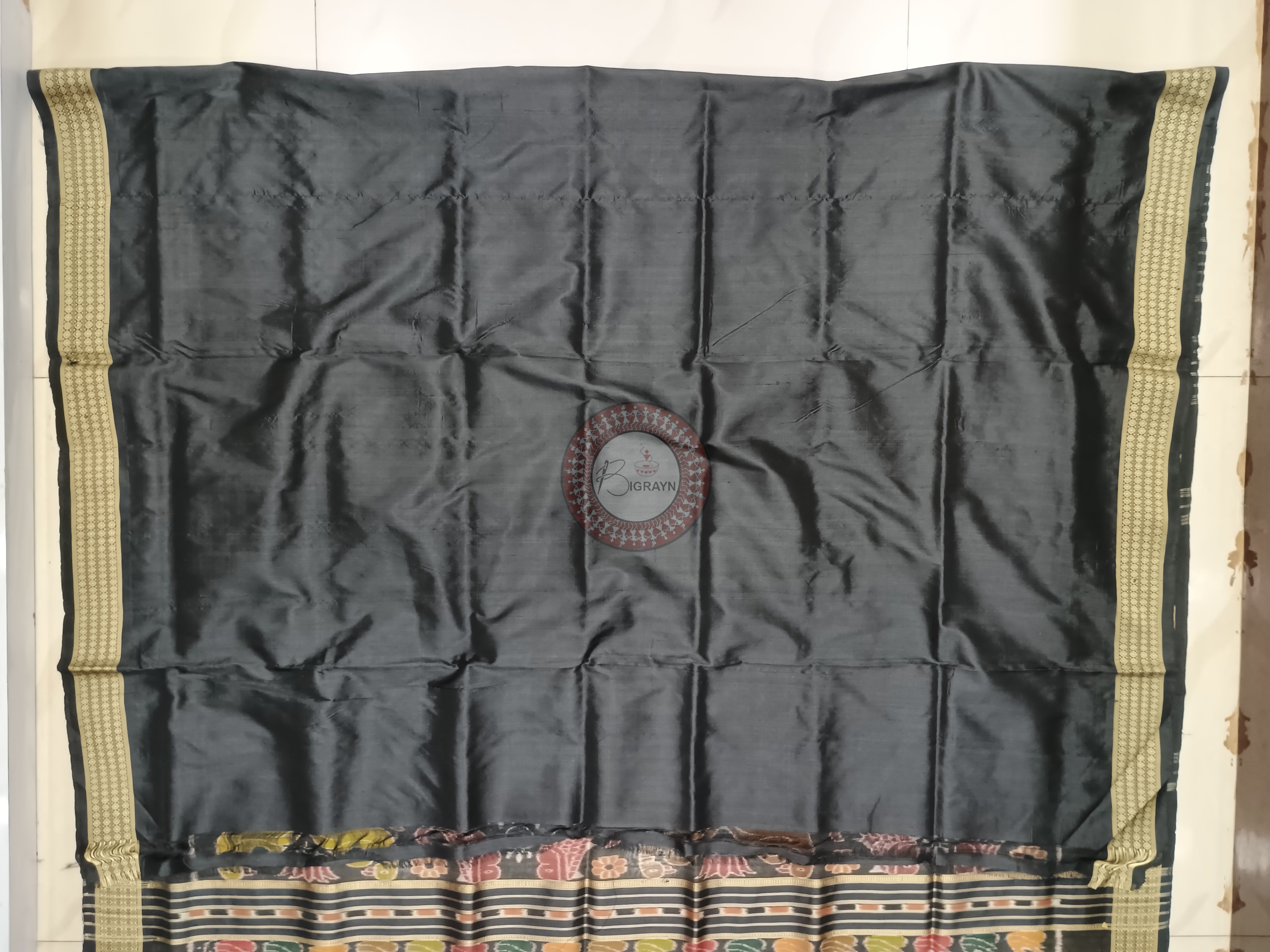 Maroon Black Odia Alphabet Mulberry Silk Saree