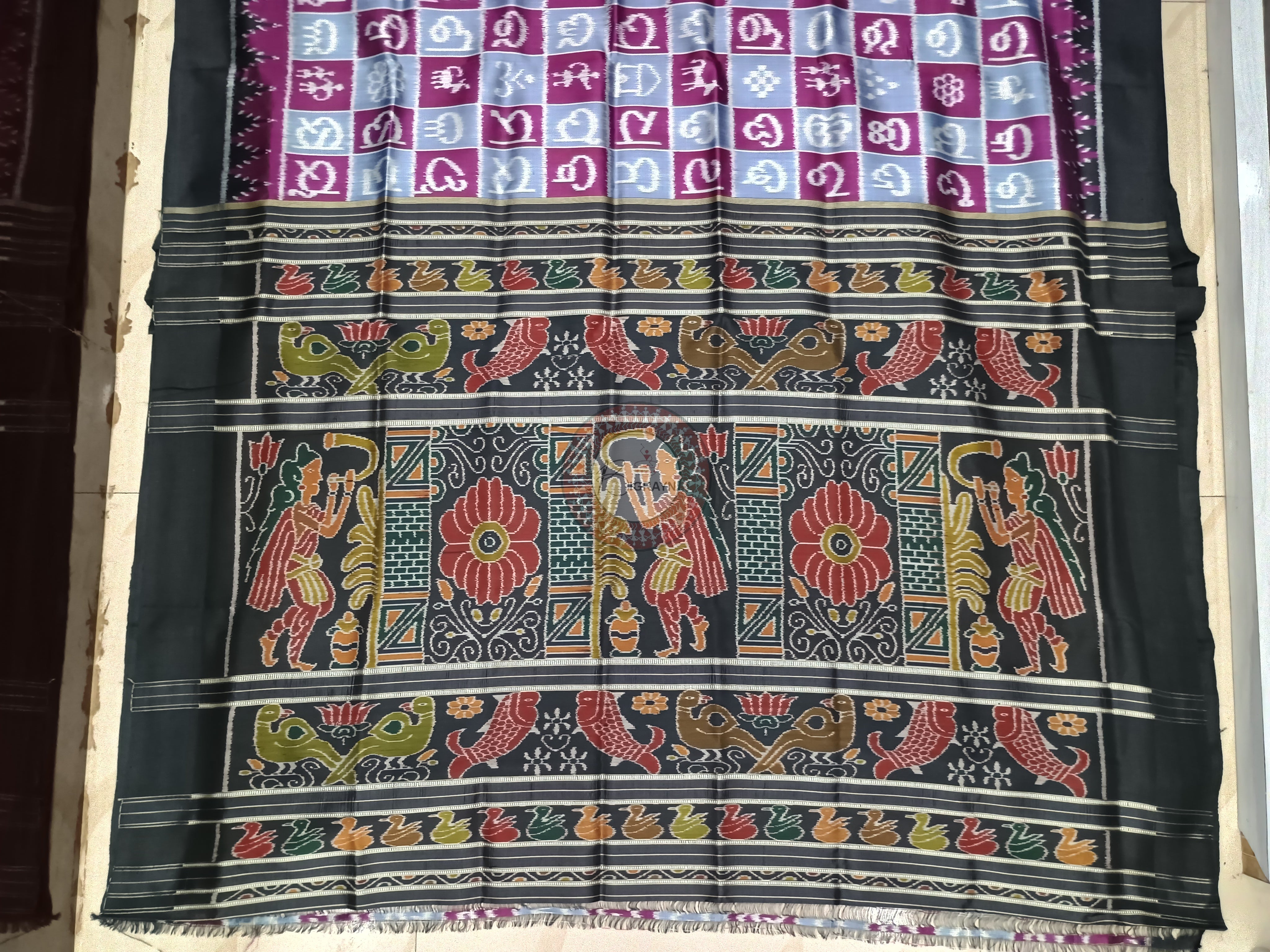 Grey Purple Black Odia Alphabet Mulberry Silk Saree