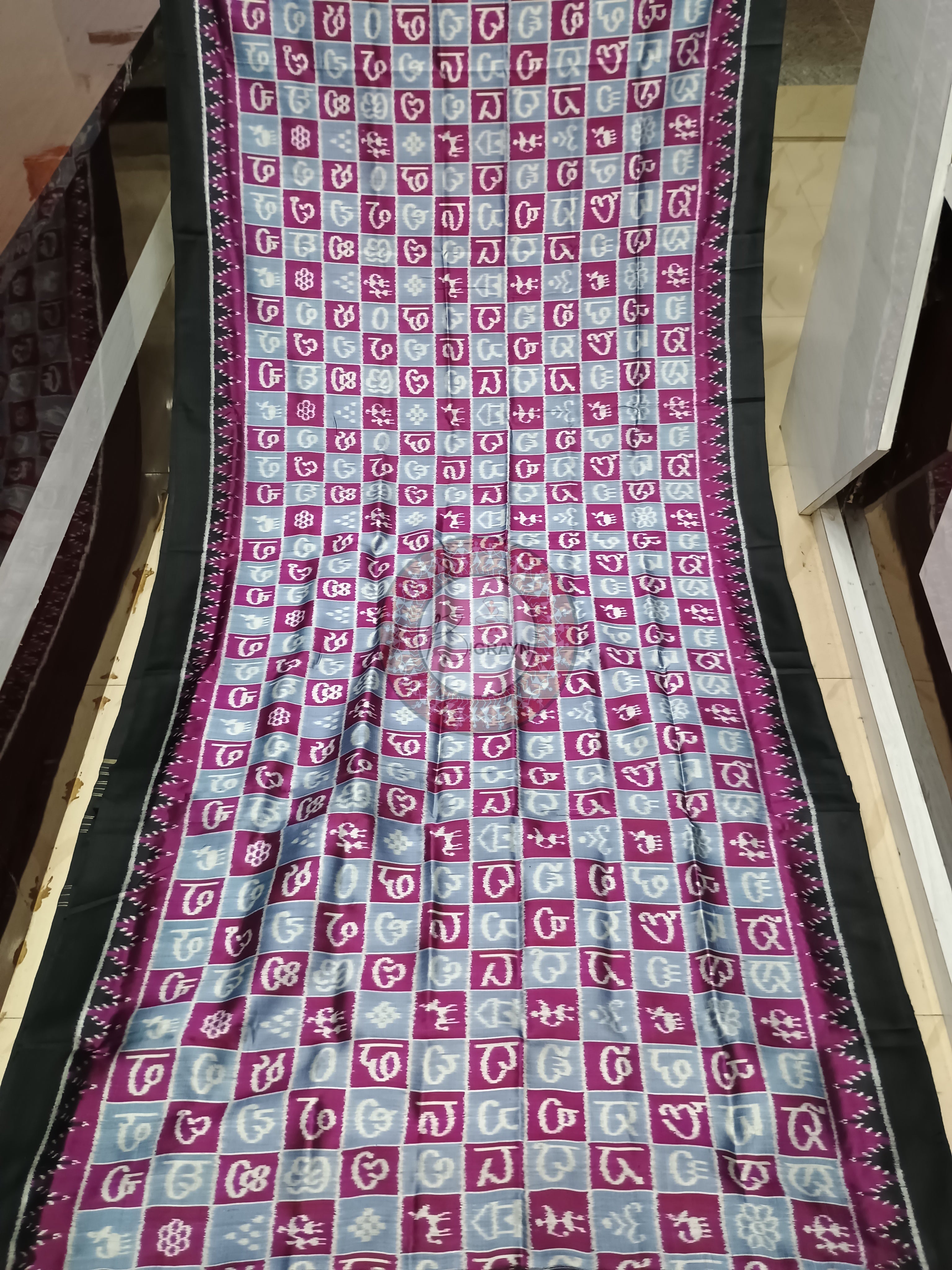 Grey Purple Black Odia Alphabet Mulberry Silk Saree