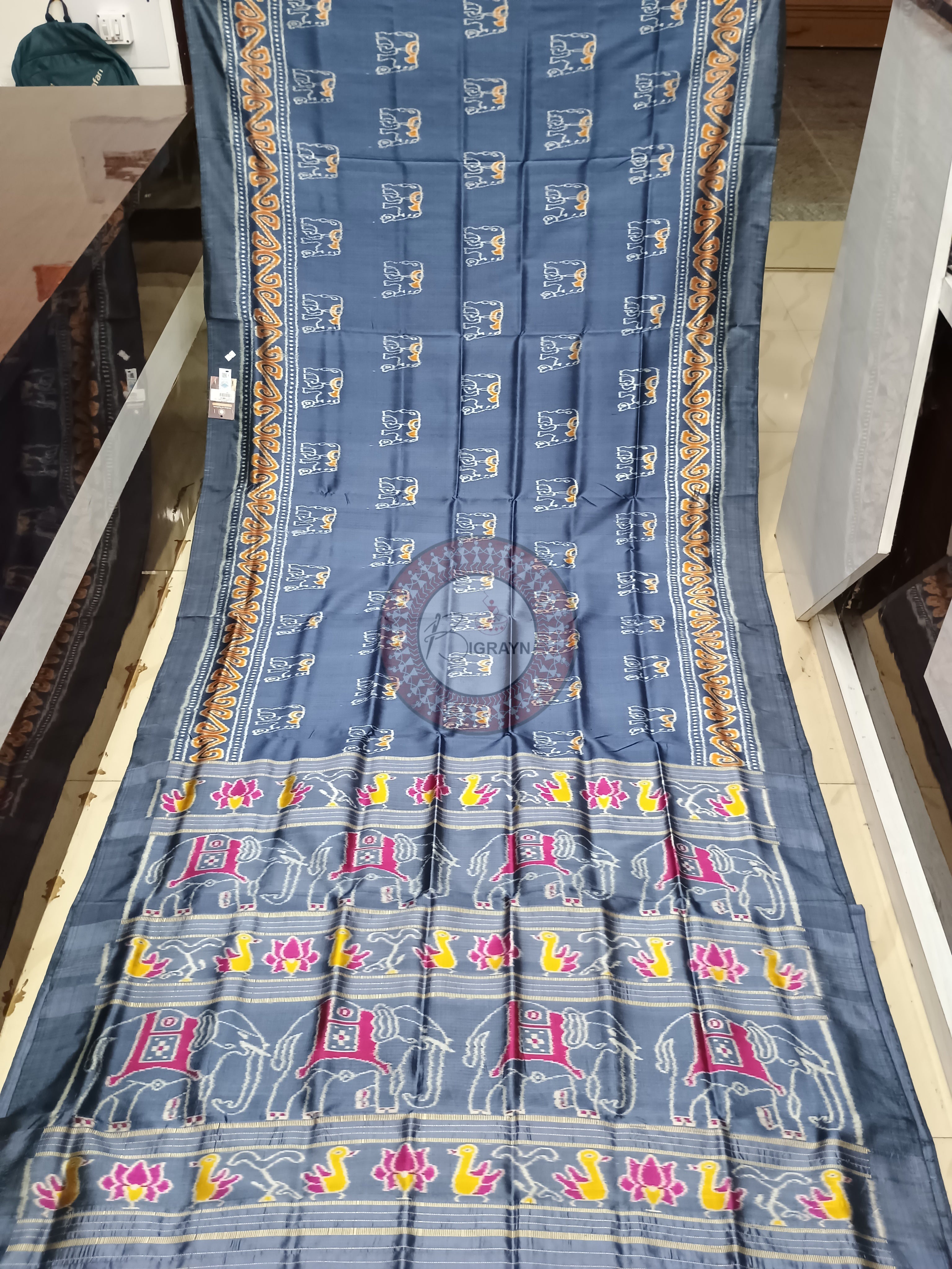 Denim Blue Elephant Design Mulberry Silk Saree