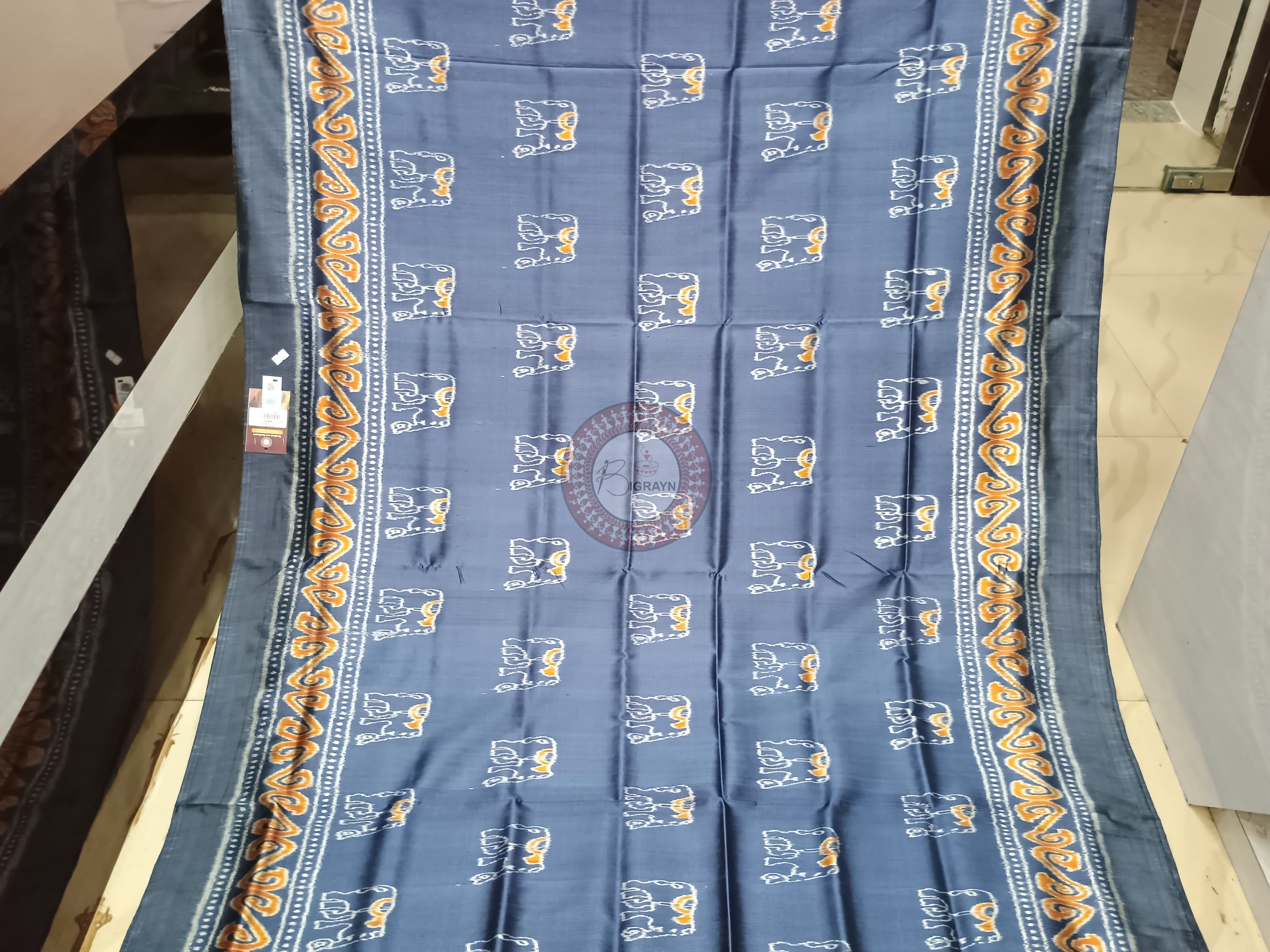 Denim Blue Elephant Design Mulberry Silk Saree