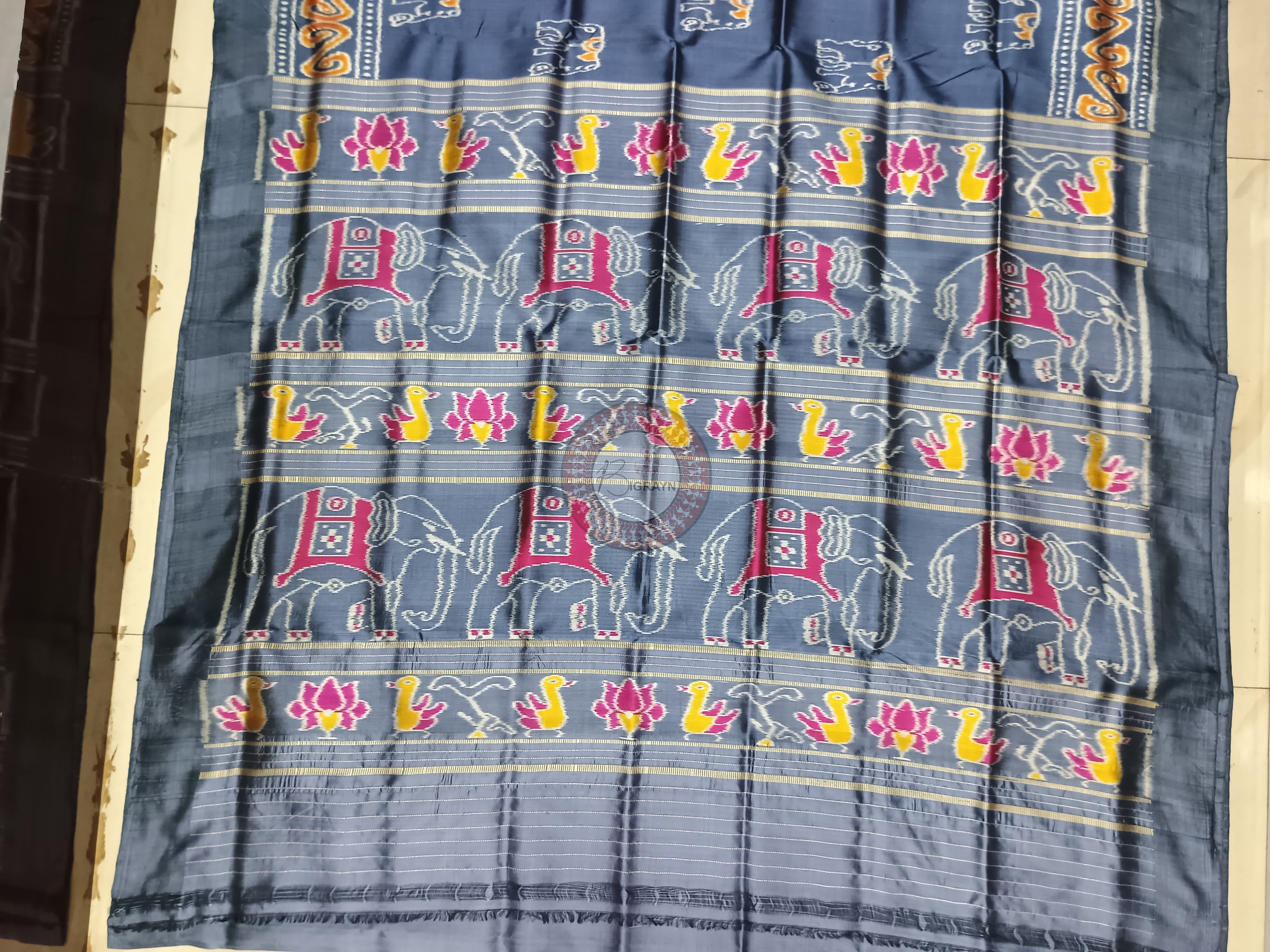 Denim Blue Elephant Design Mulberry Silk Saree