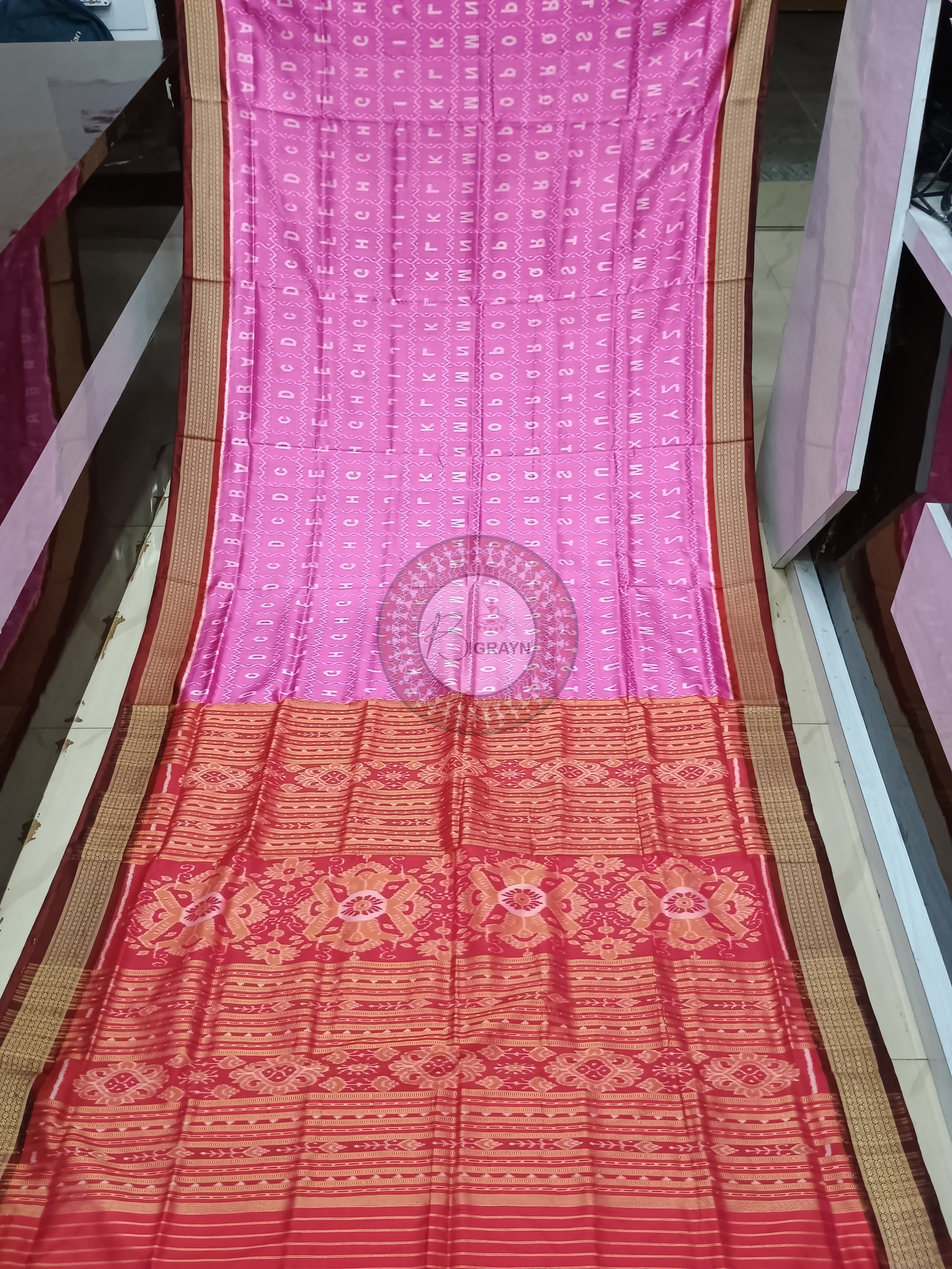 Pink Red English Alphabet Mulberry Silk Saree