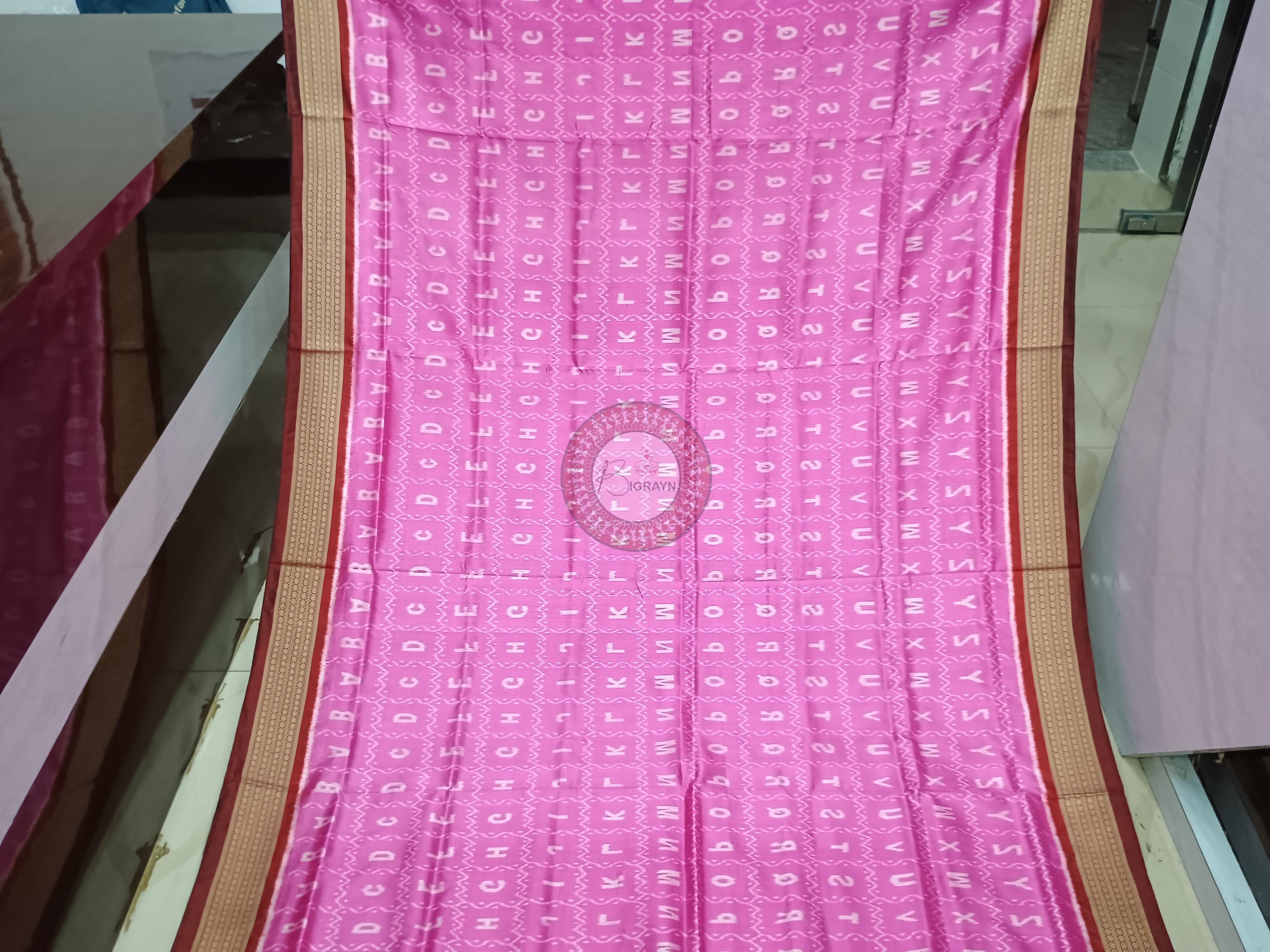 Pink Red English Alphabet Mulberry Silk Saree