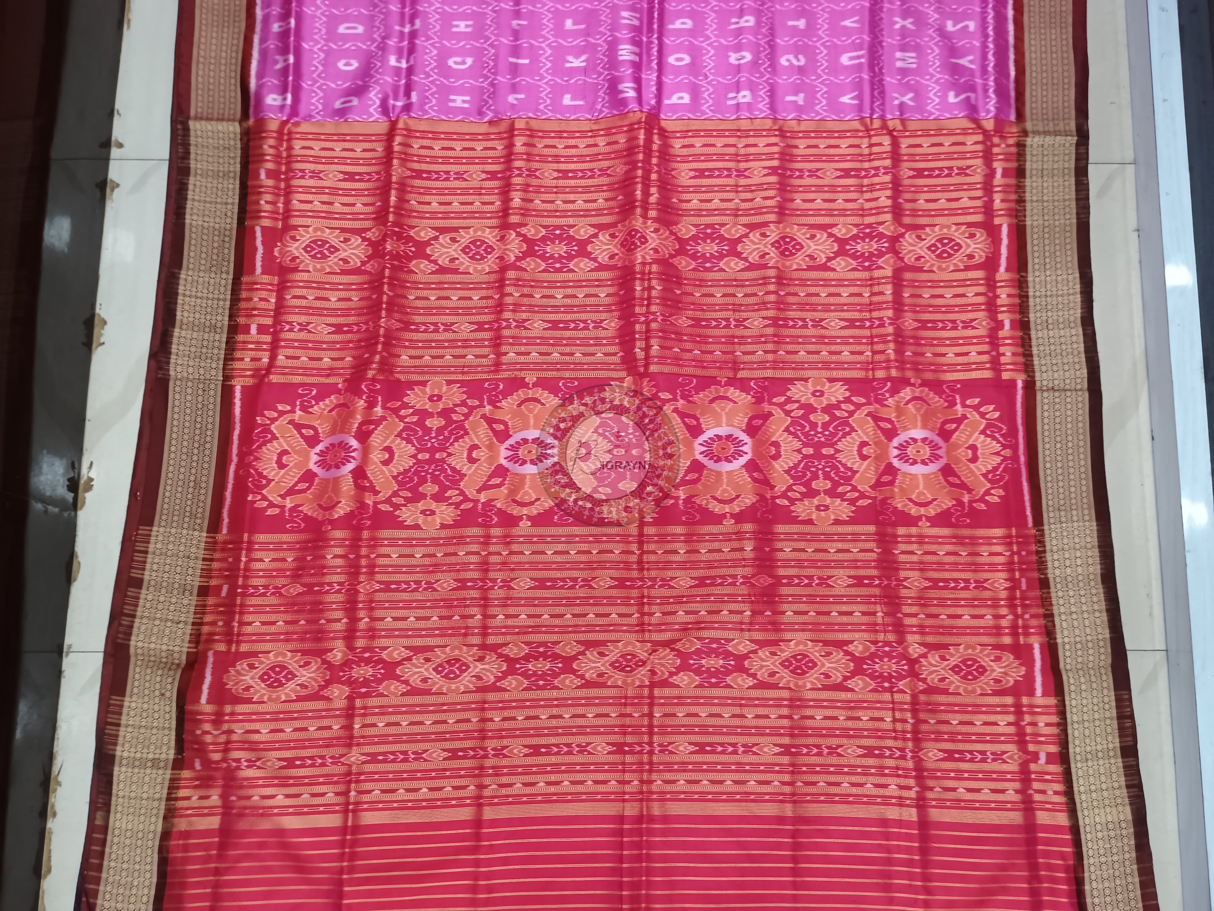 Pink Red English Alphabet Mulberry Silk Saree