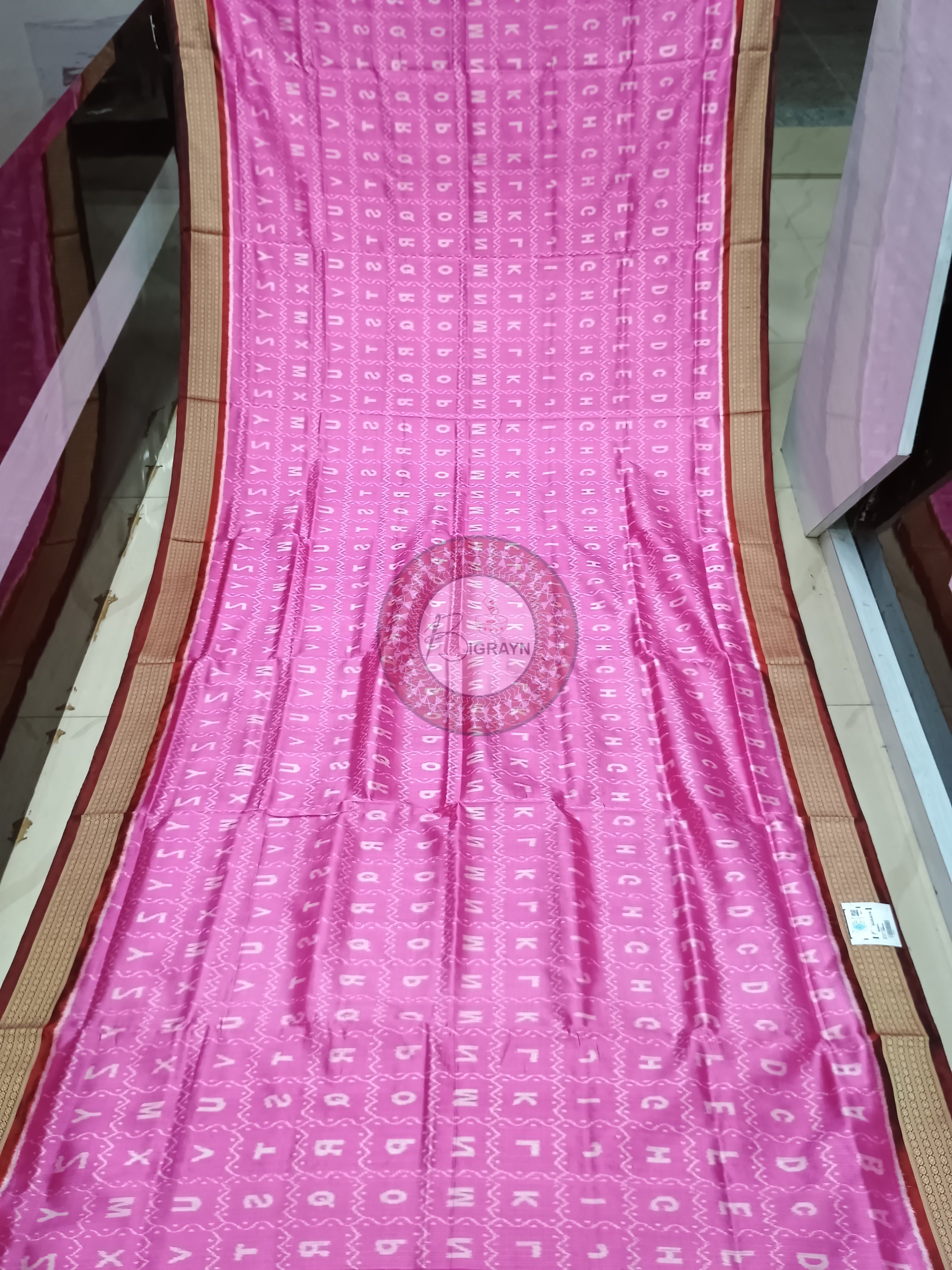 Pink Red English Alphabet Mulberry Silk Saree