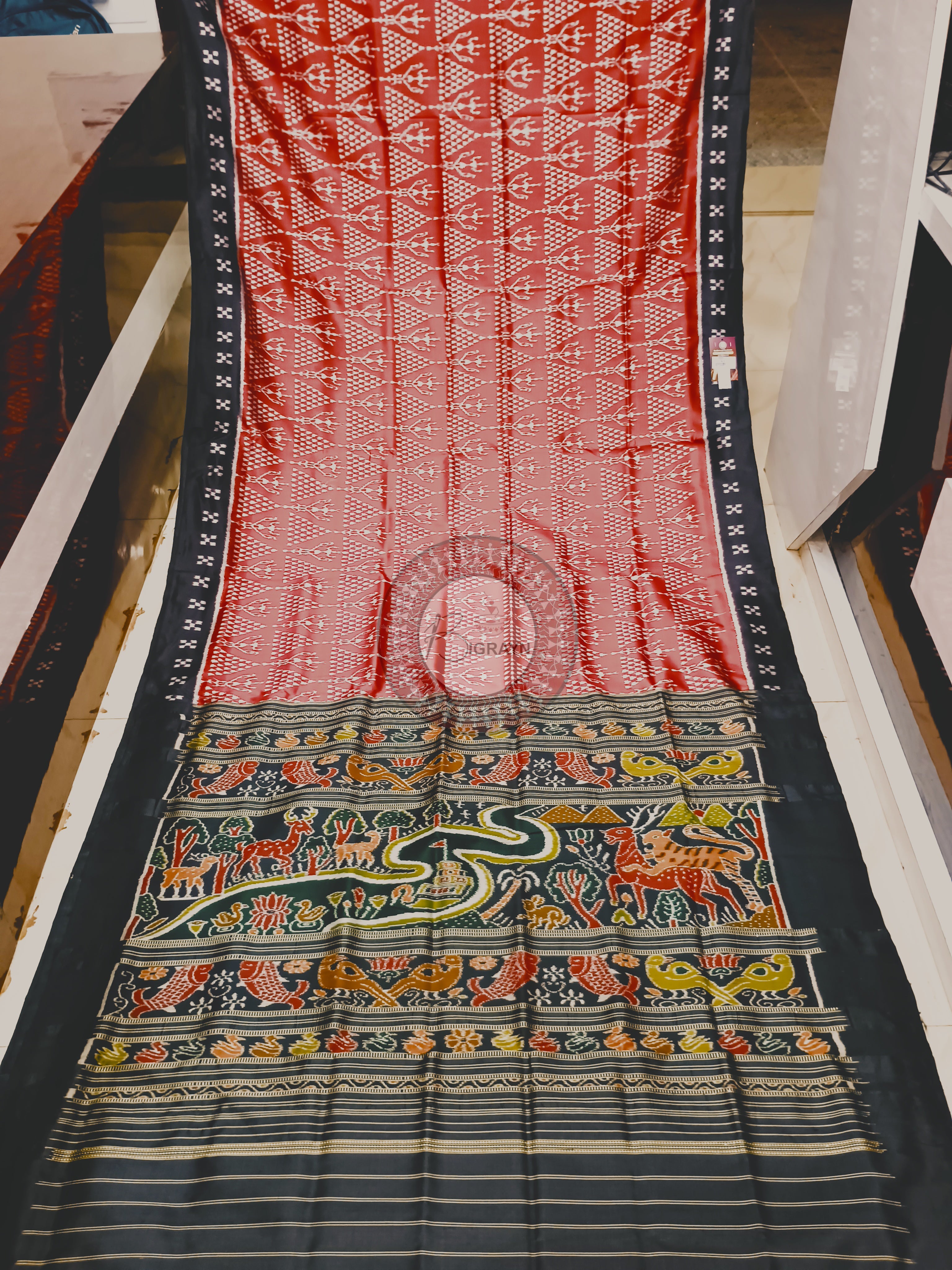 Maroon Black Tribal Chita Mulberry Silk Saree