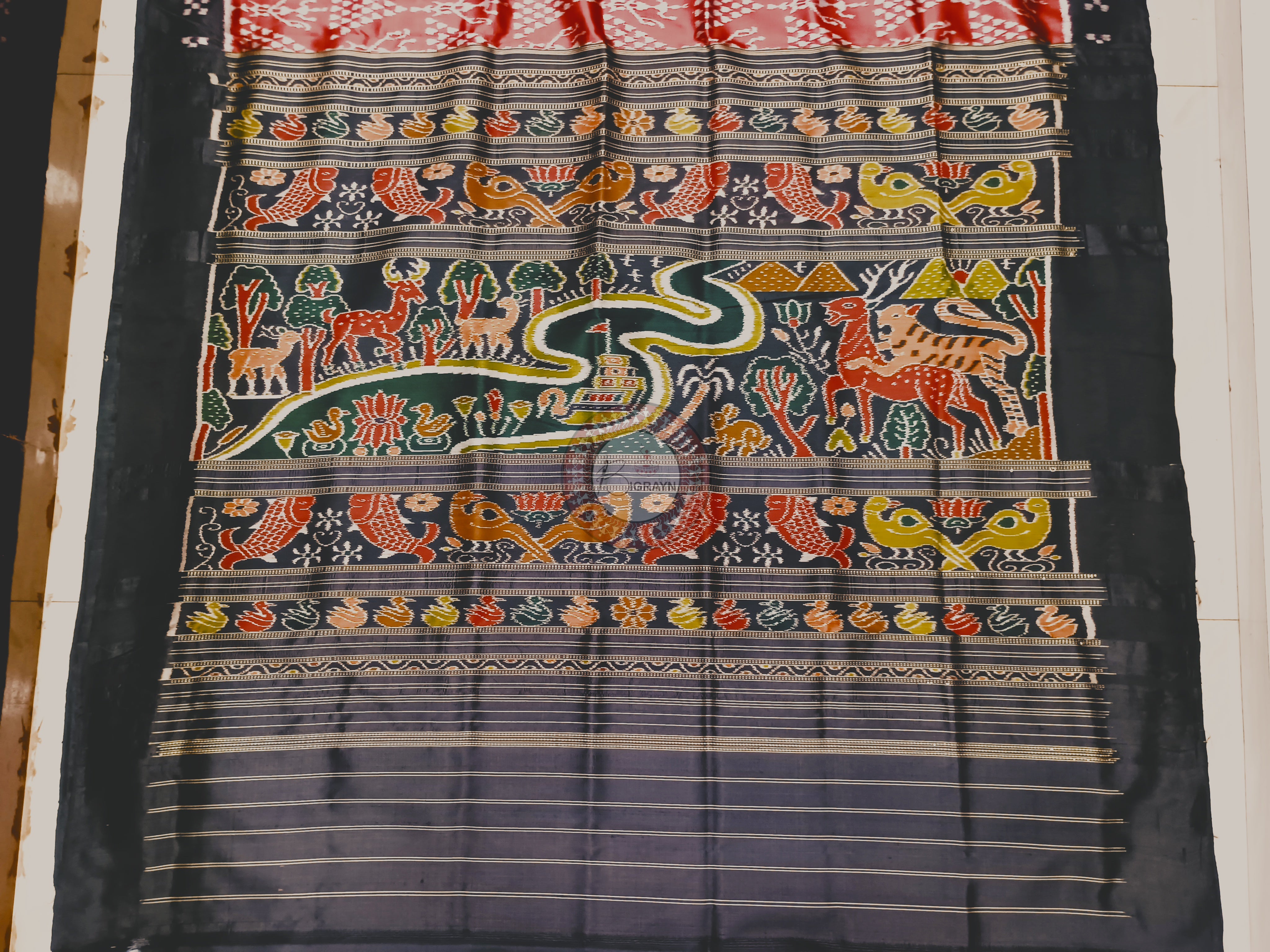 Maroon Black Tribal Chita Mulberry Silk Saree