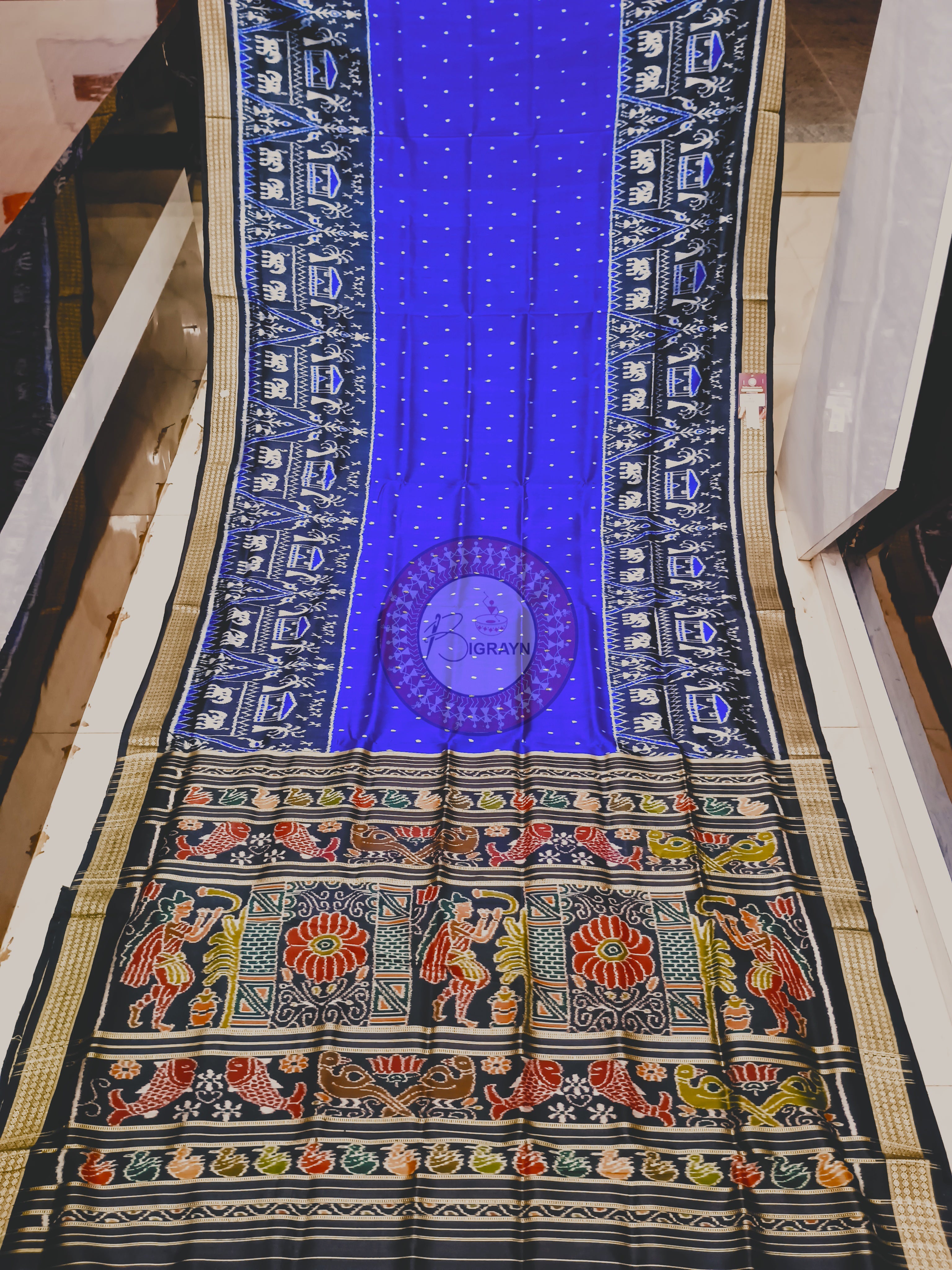 Blue Black Tribal Tree Design Mulberry Silk Saree