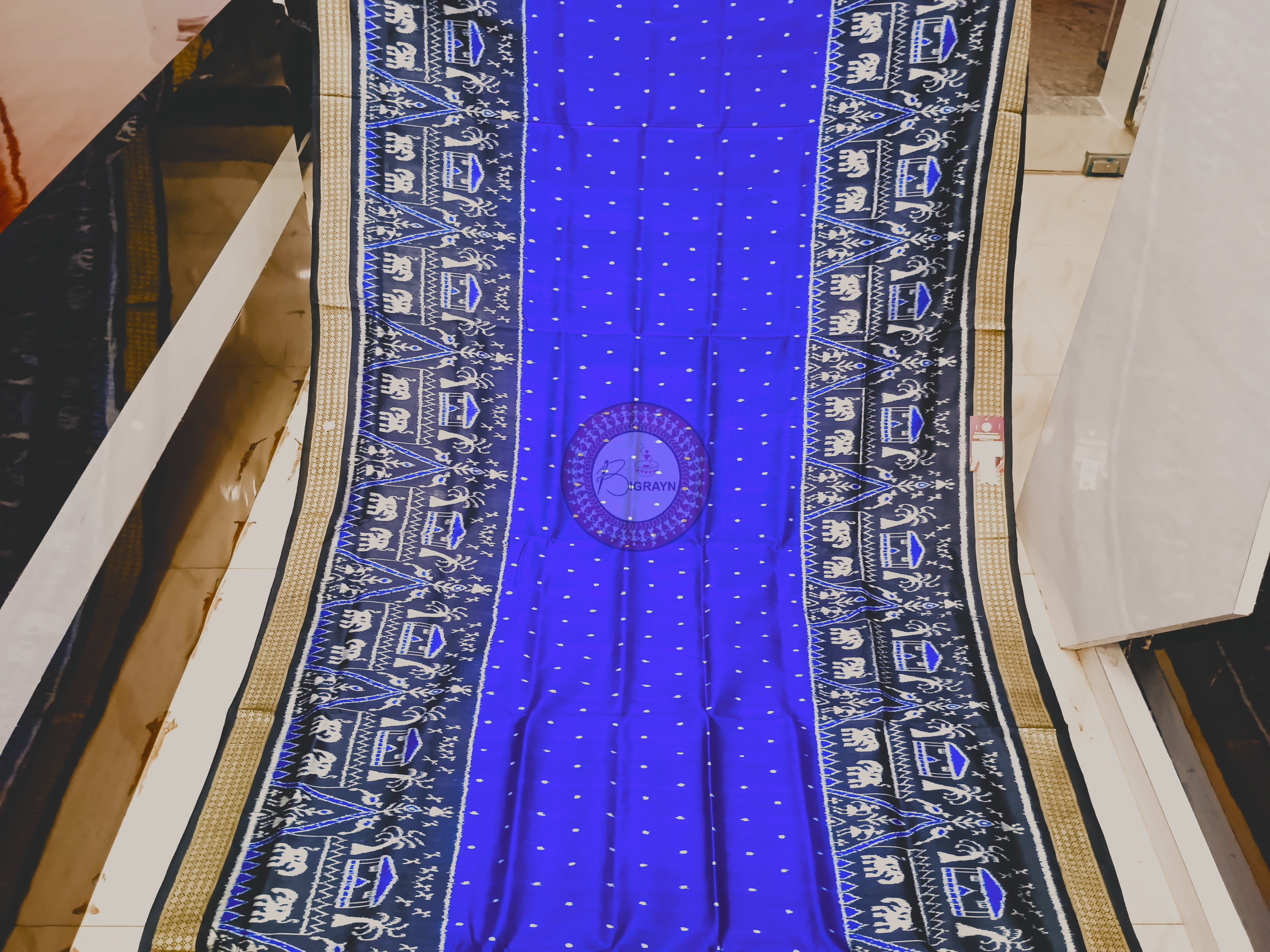 Blue Black Tribal Tree Design Mulberry Silk Saree