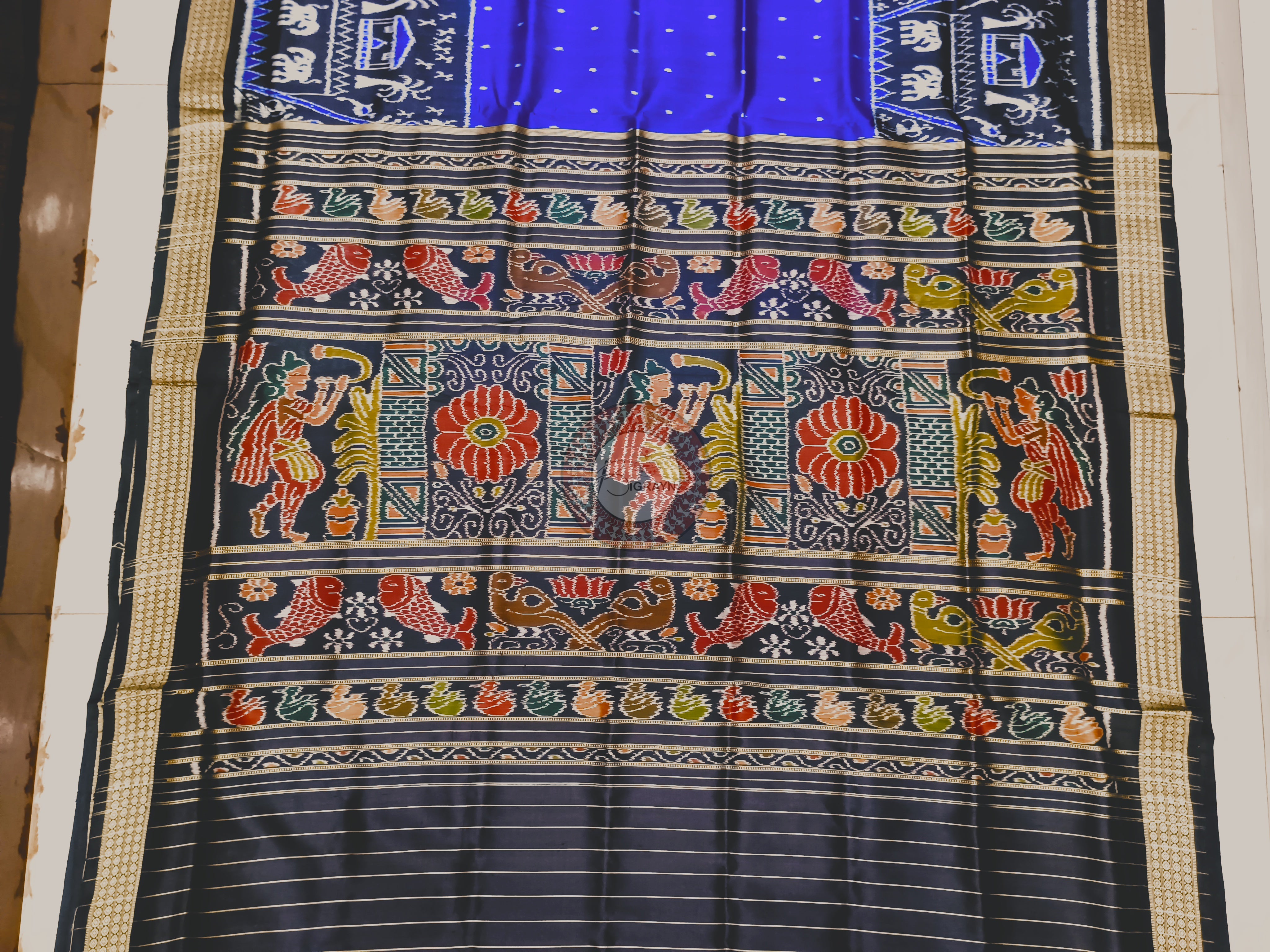 Blue Black Tribal Tree Design Mulberry Silk Saree