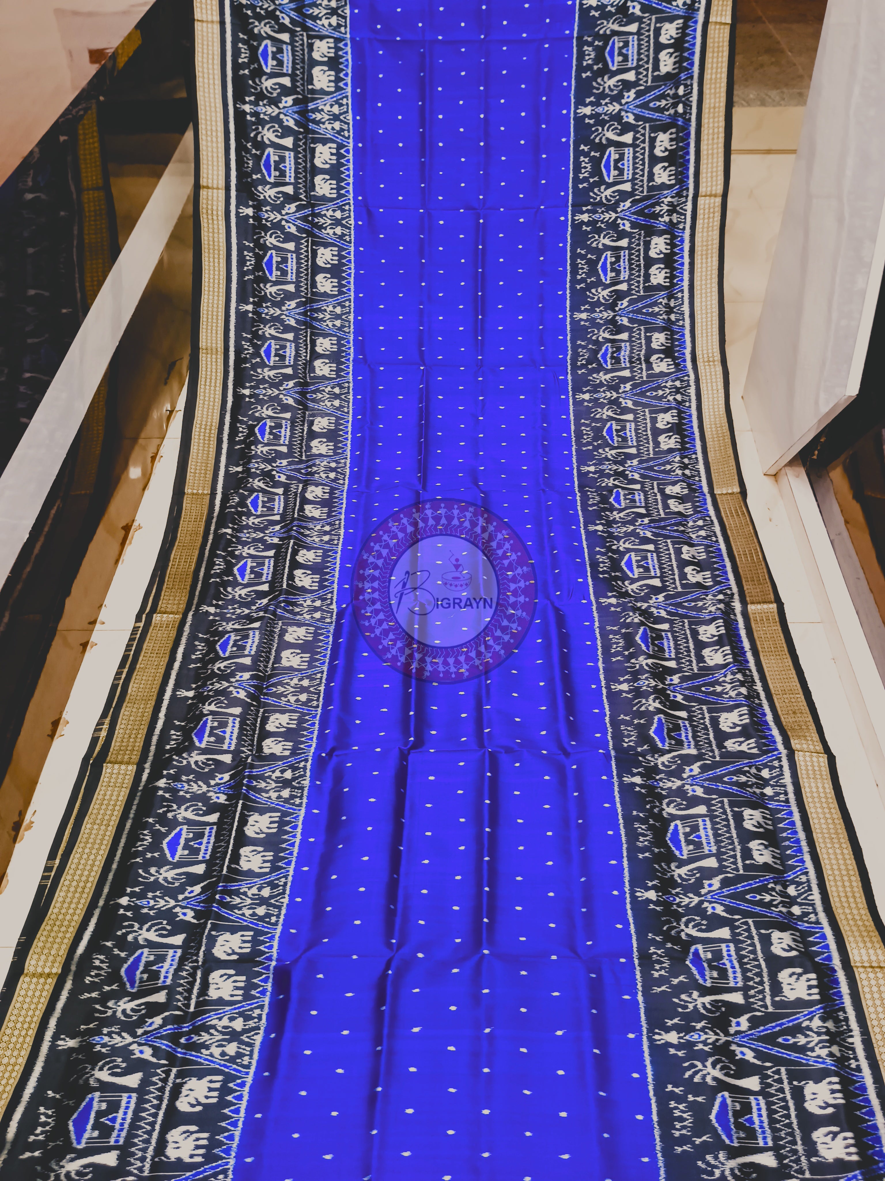 Blue Black Tribal Tree Design Mulberry Silk Saree