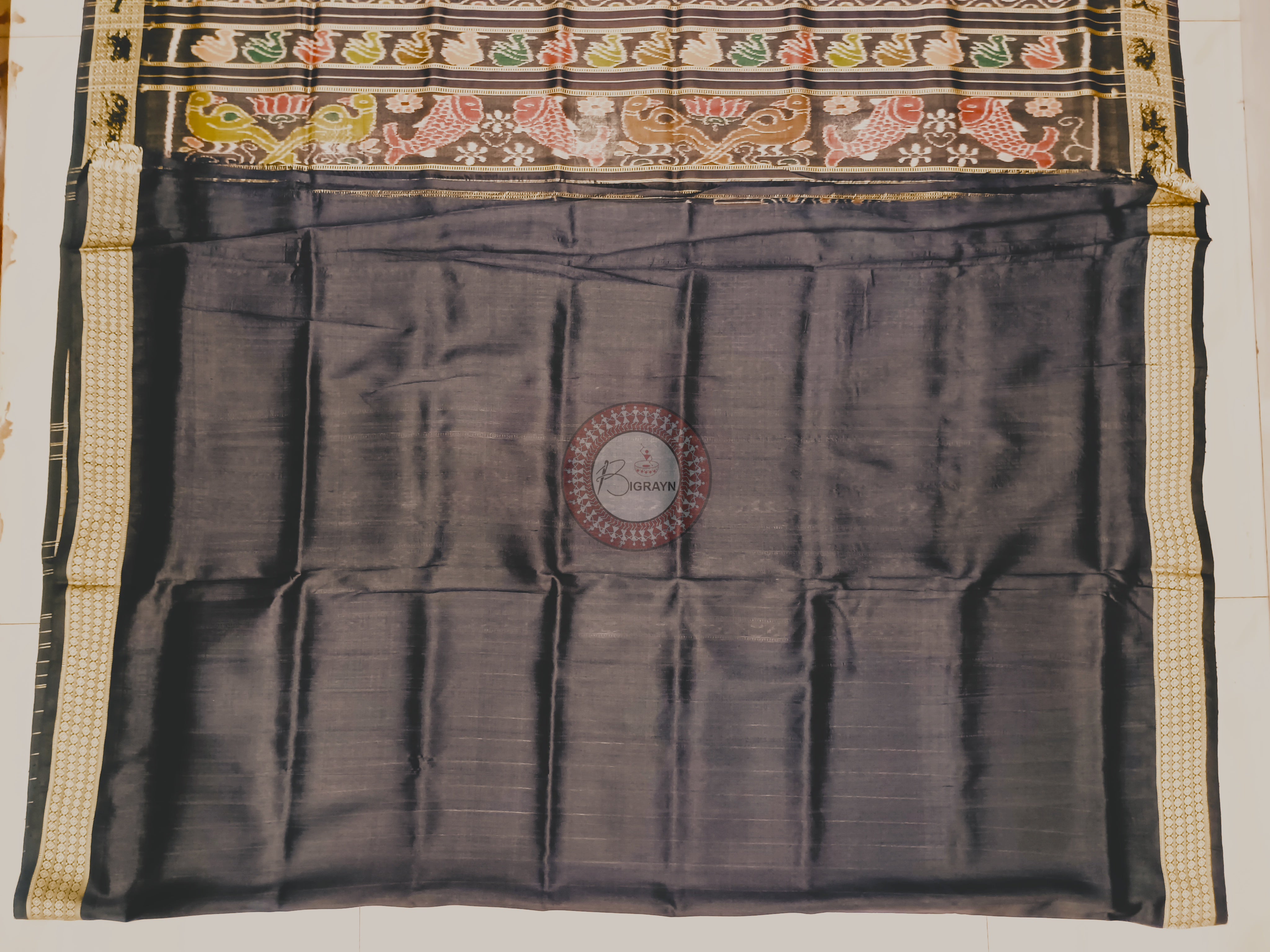 Blue Black Tribal Tree Design Mulberry Silk Saree