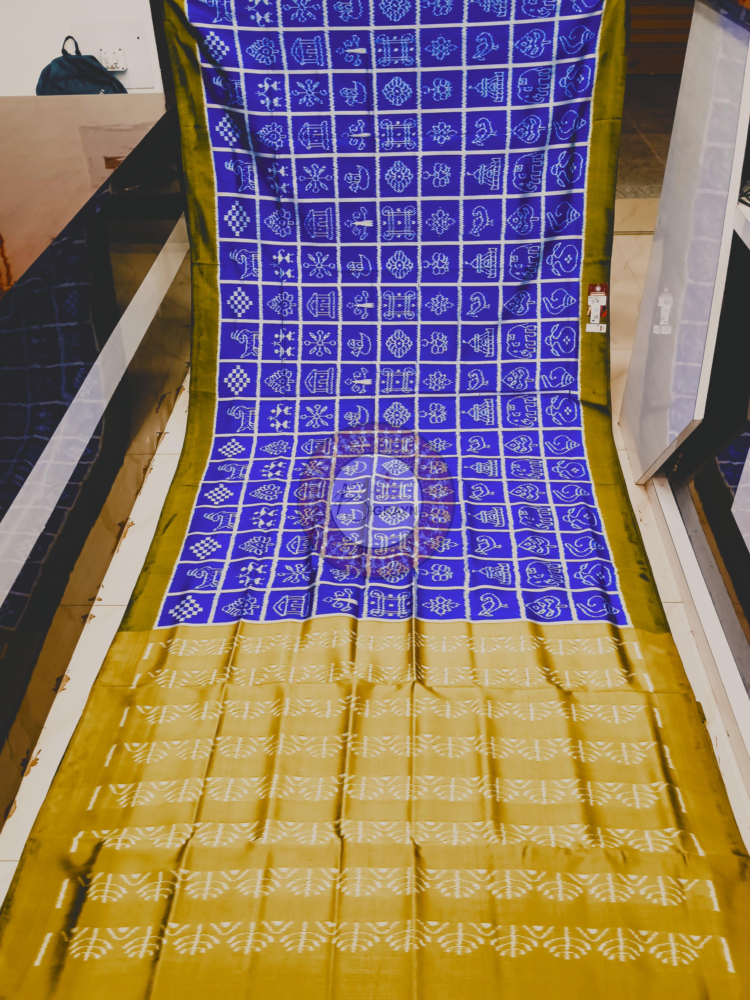 Blue Mustard Yellow Nabakothi Mulberry Silk Saree