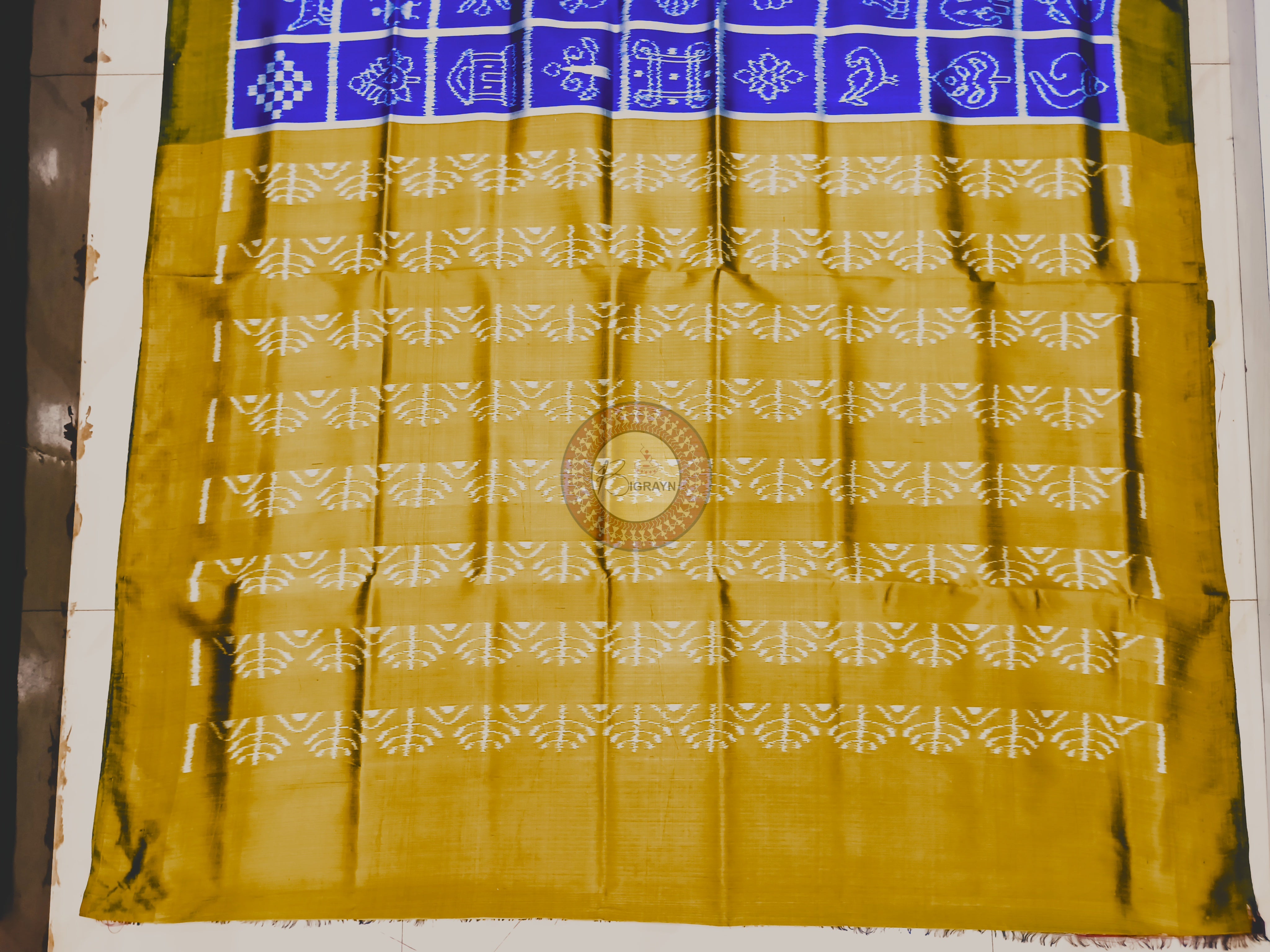 Blue Mustard Yellow Nabakothi Mulberry Silk Saree