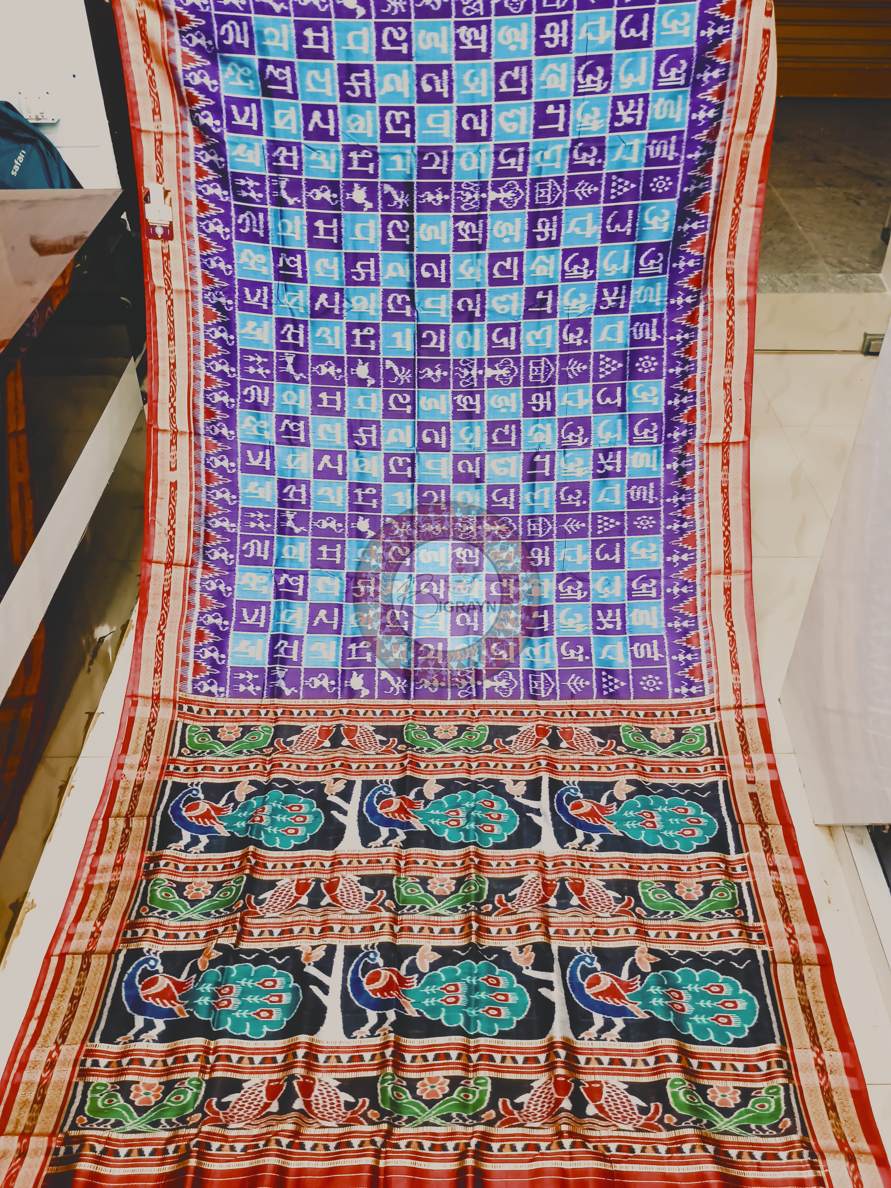 Sky-Purple Maroon Hindi Alphabet Mulberry Silk Saree