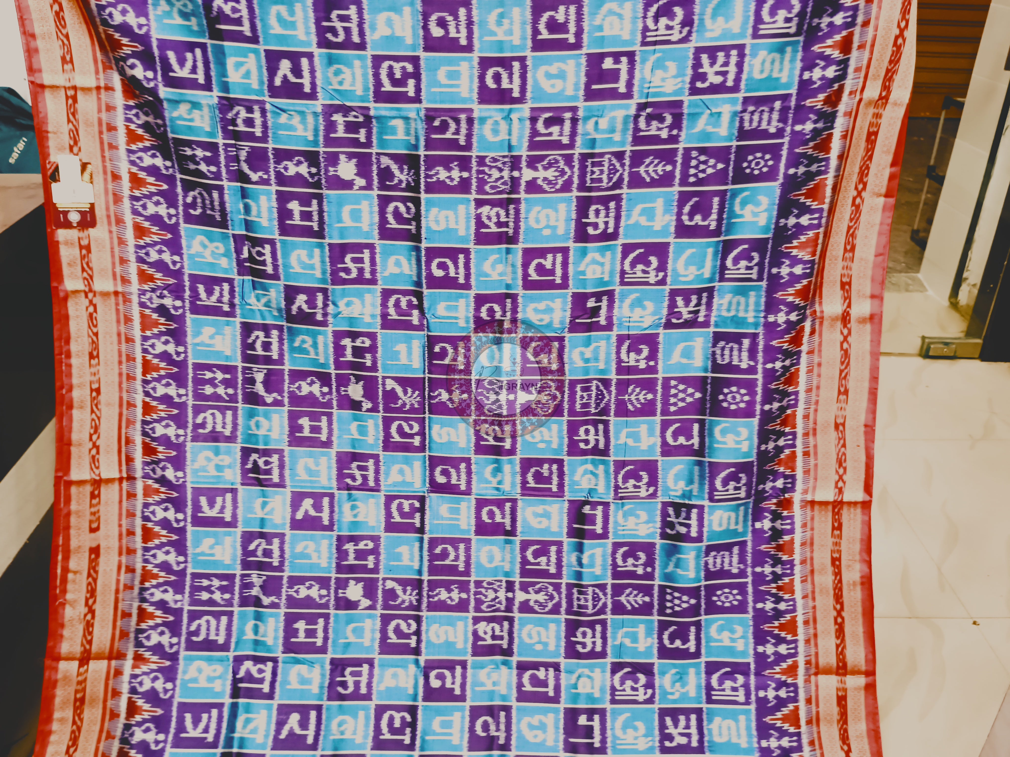Sky-Purple Maroon Hindi Alphabet Mulberry Silk Saree