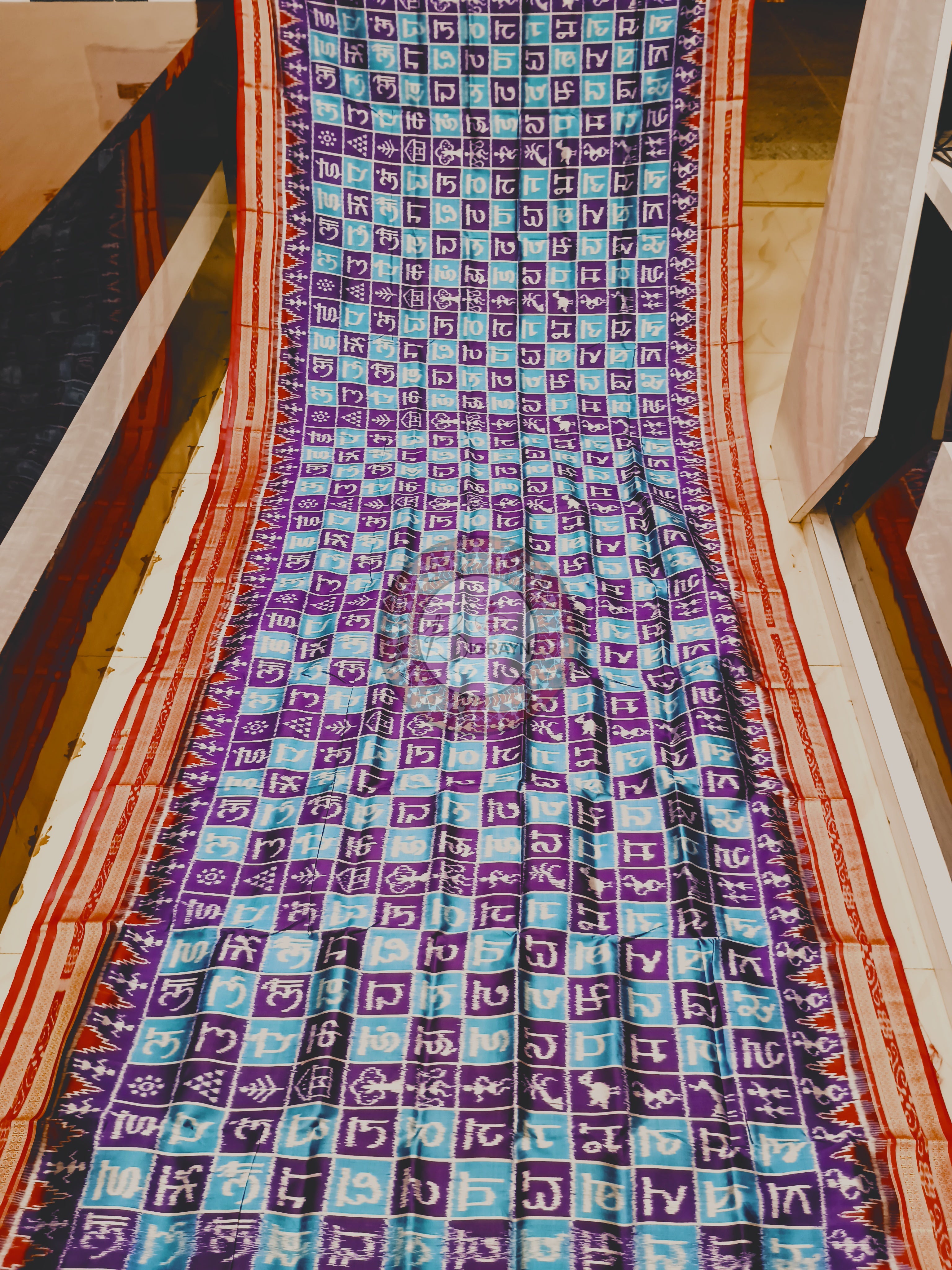 Sky-Purple Maroon Hindi Alphabet Mulberry Silk Saree