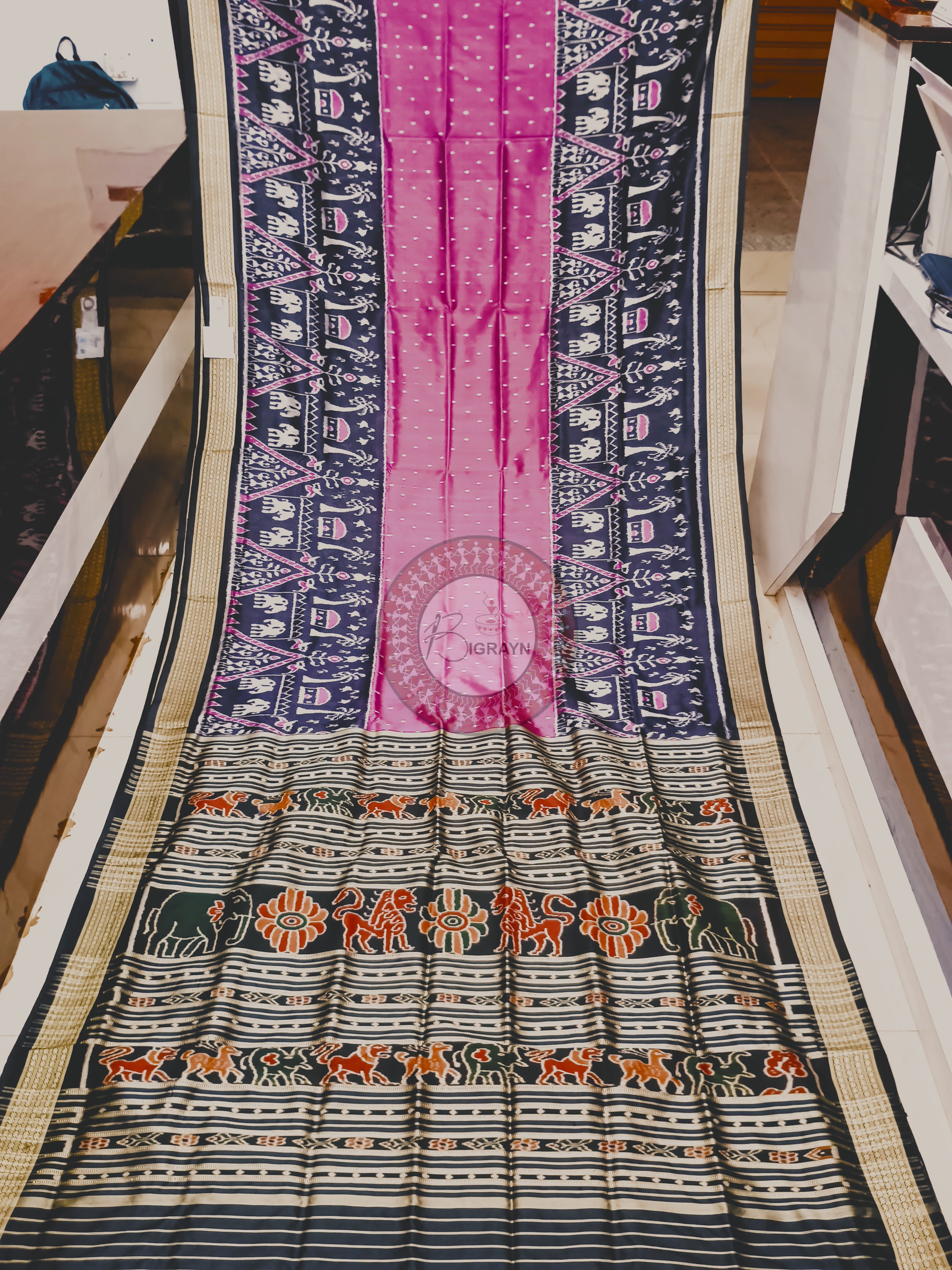 Pink Black Tribal Tree Design Mulberry Silk Saree