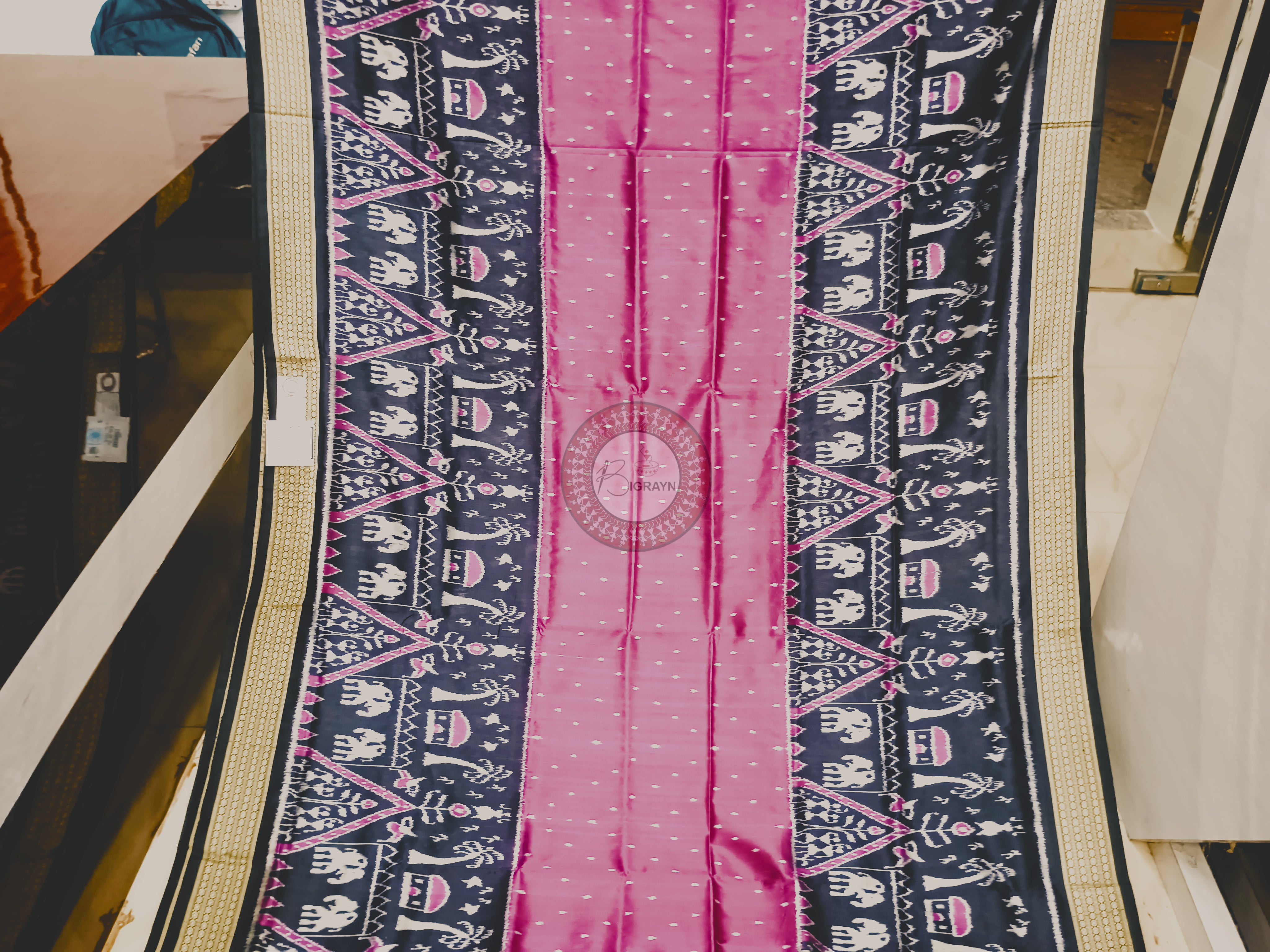 Pink Black Tribal Tree Design Mulberry Silk Saree