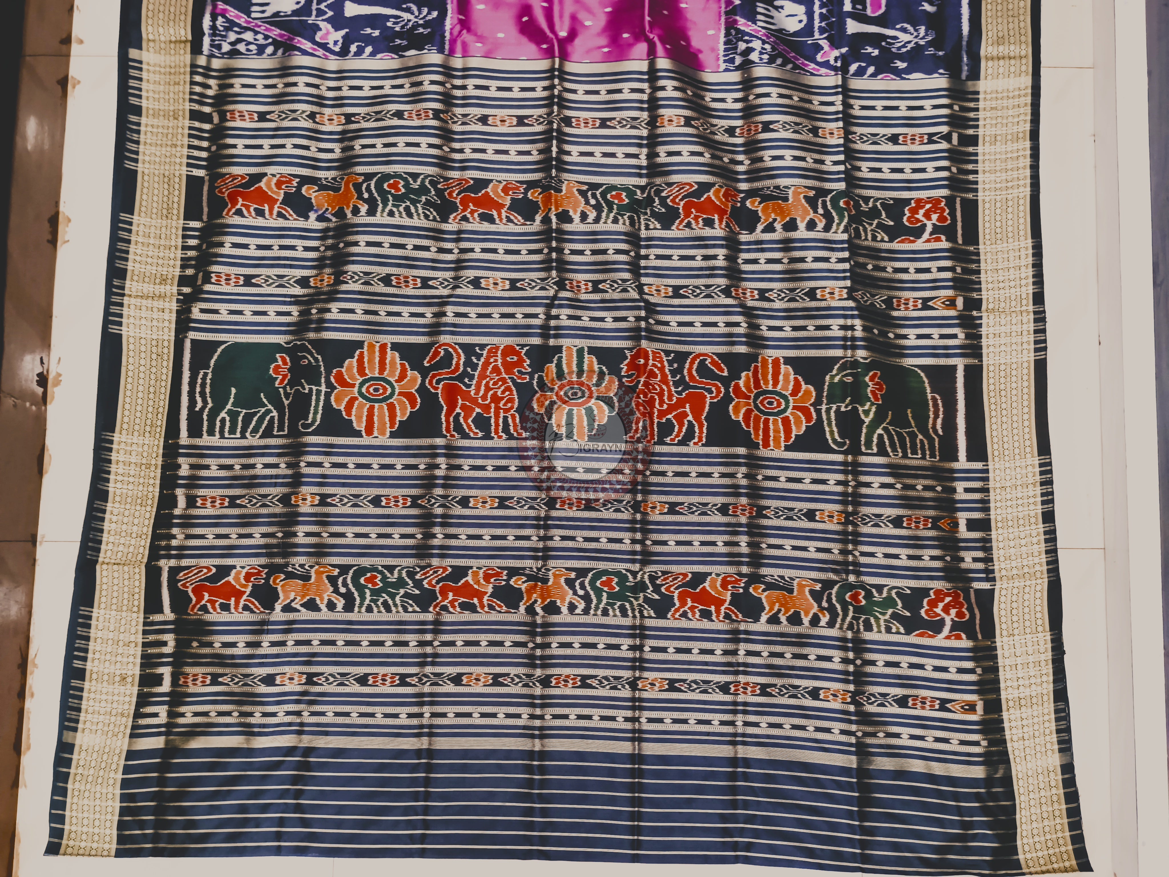 Pink Black Tribal Tree Design Mulberry Silk Saree