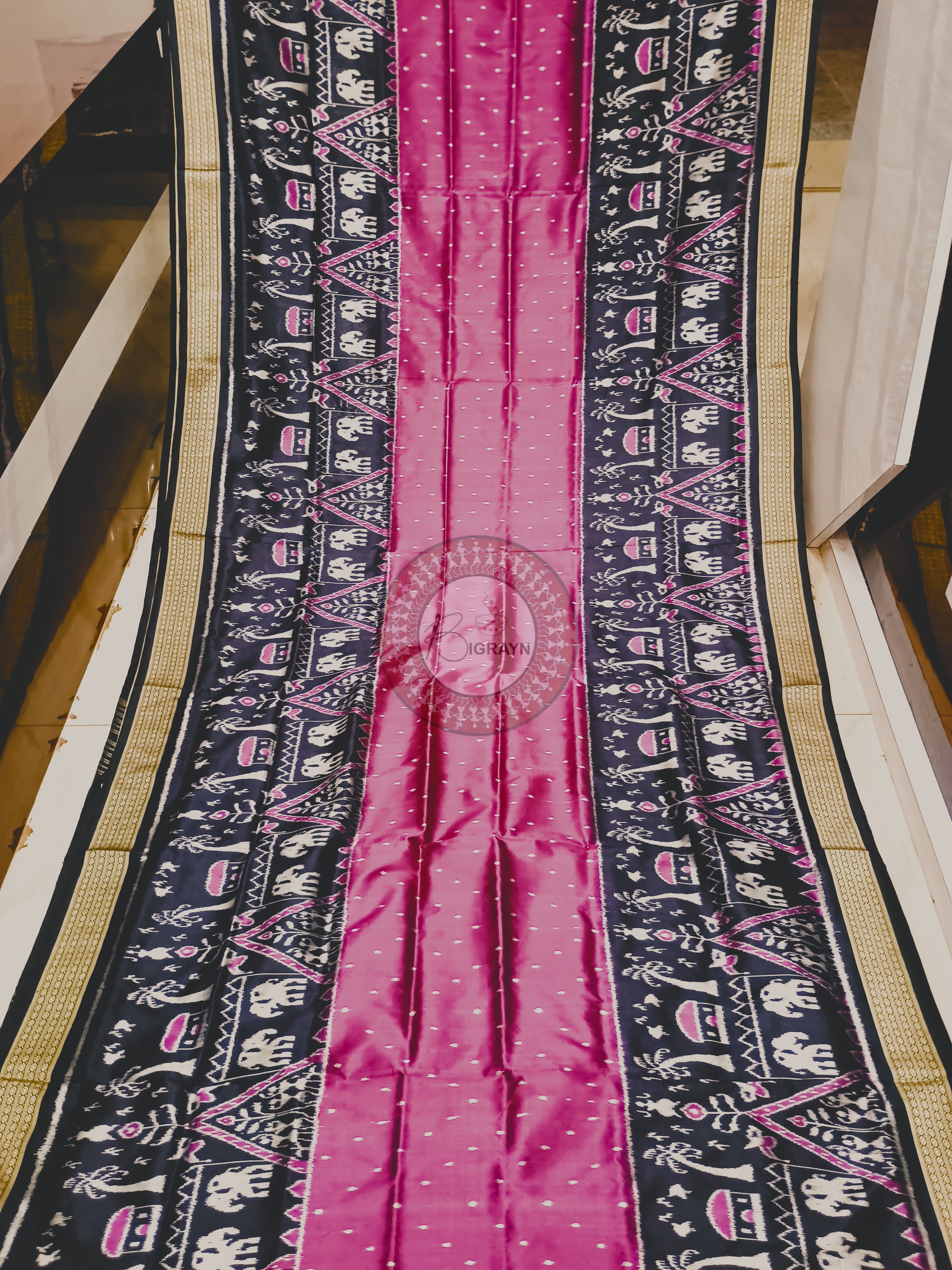 Pink Black Tribal Tree Design Mulberry Silk Saree