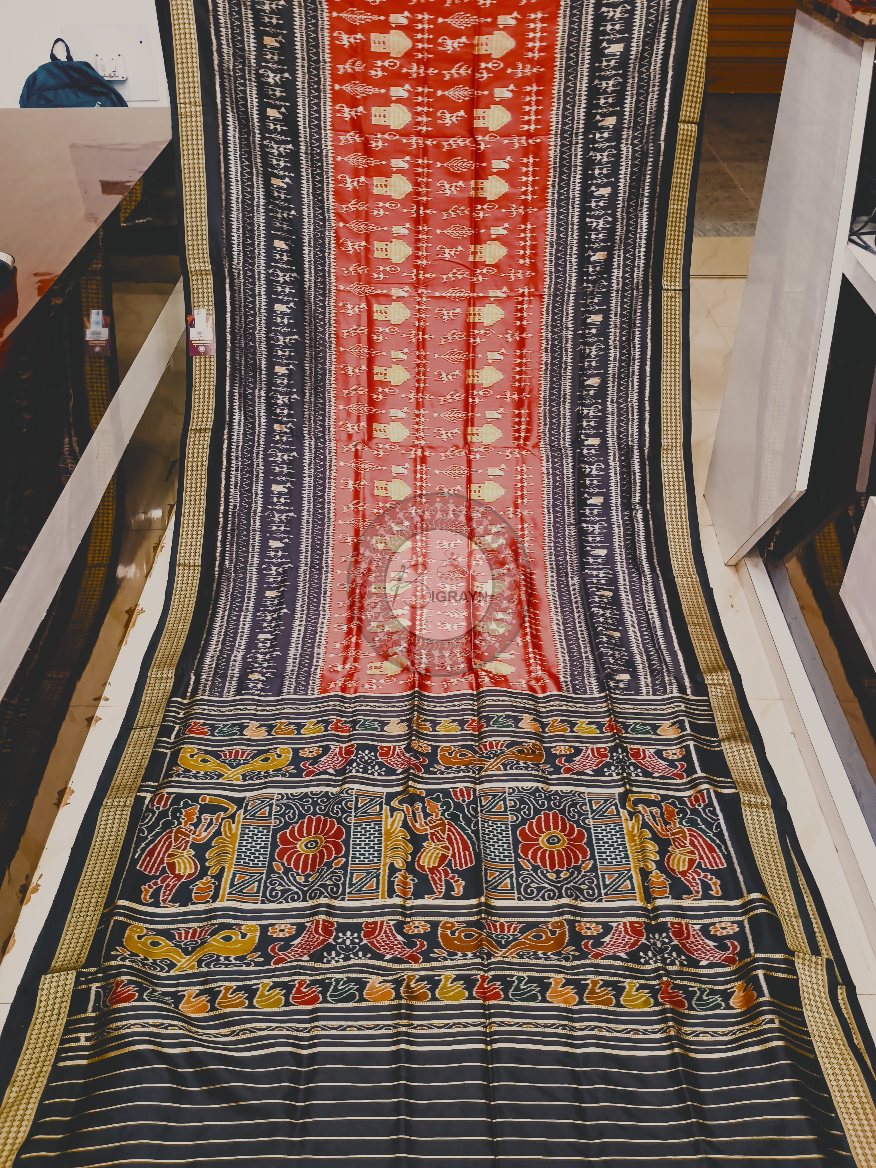 Maroon Black Tribal House Mulberry Silk Saree