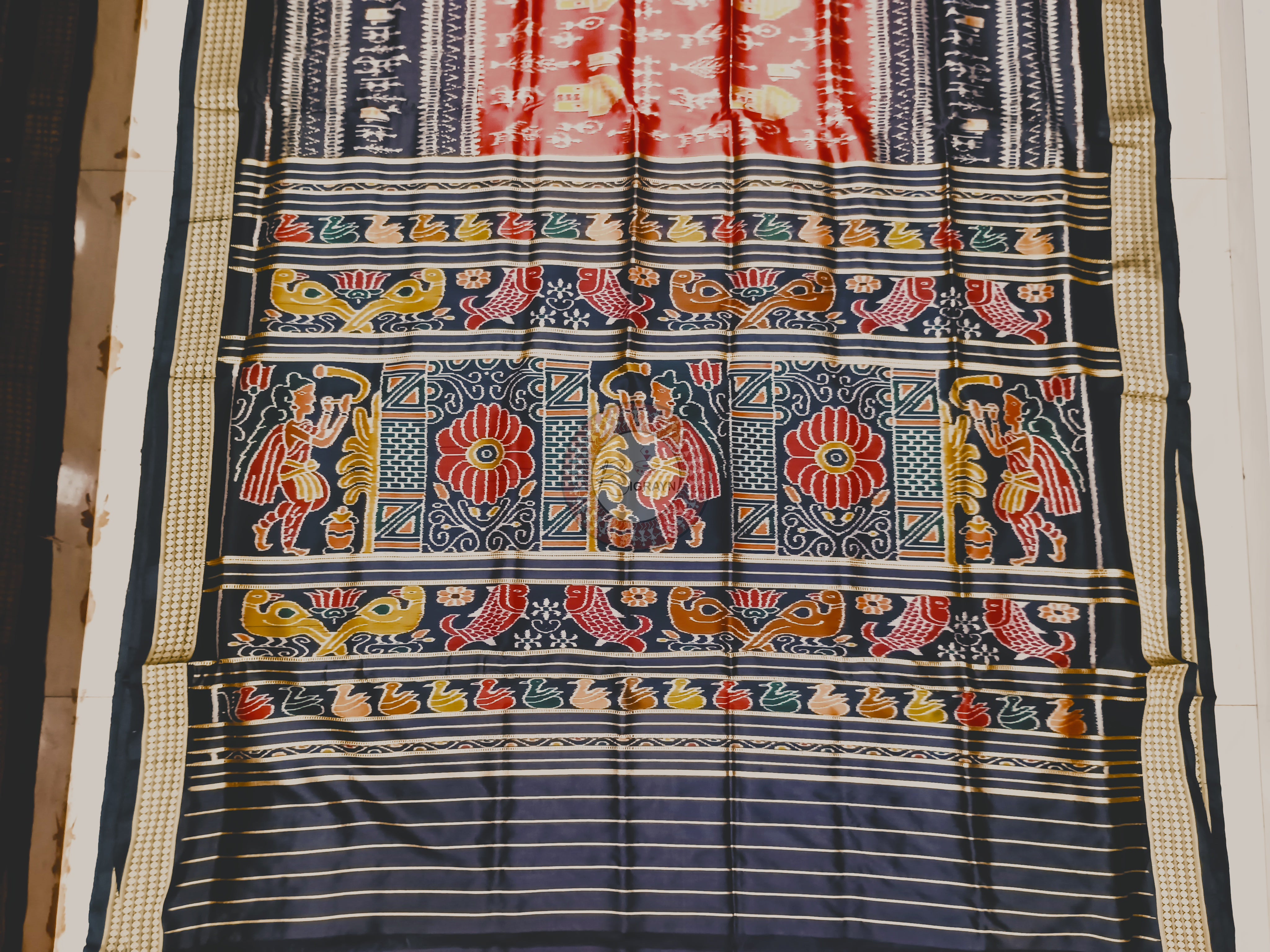 Maroon Black Tribal House Mulberry Silk Saree