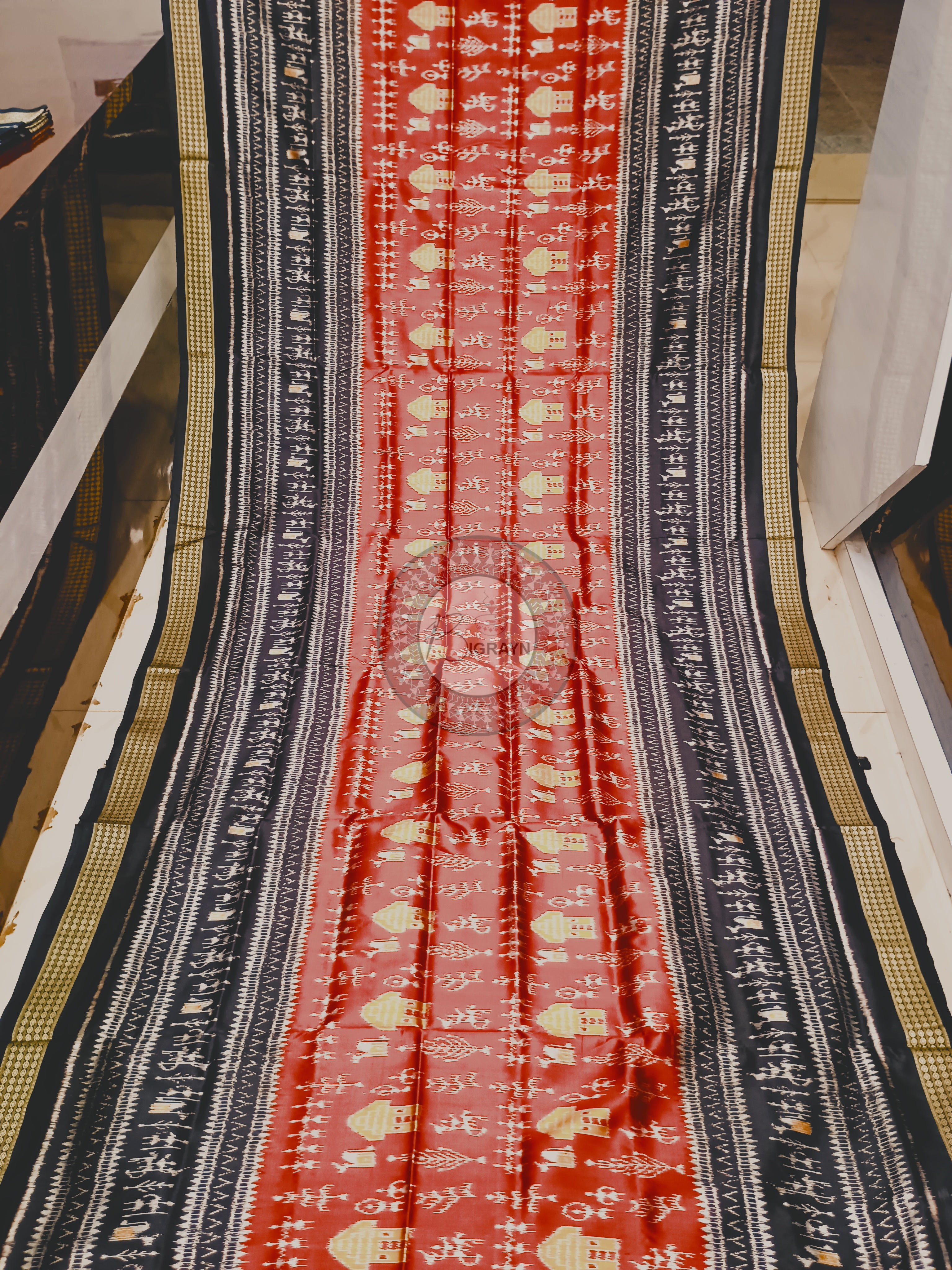 Maroon Black Tribal House Mulberry Silk Saree