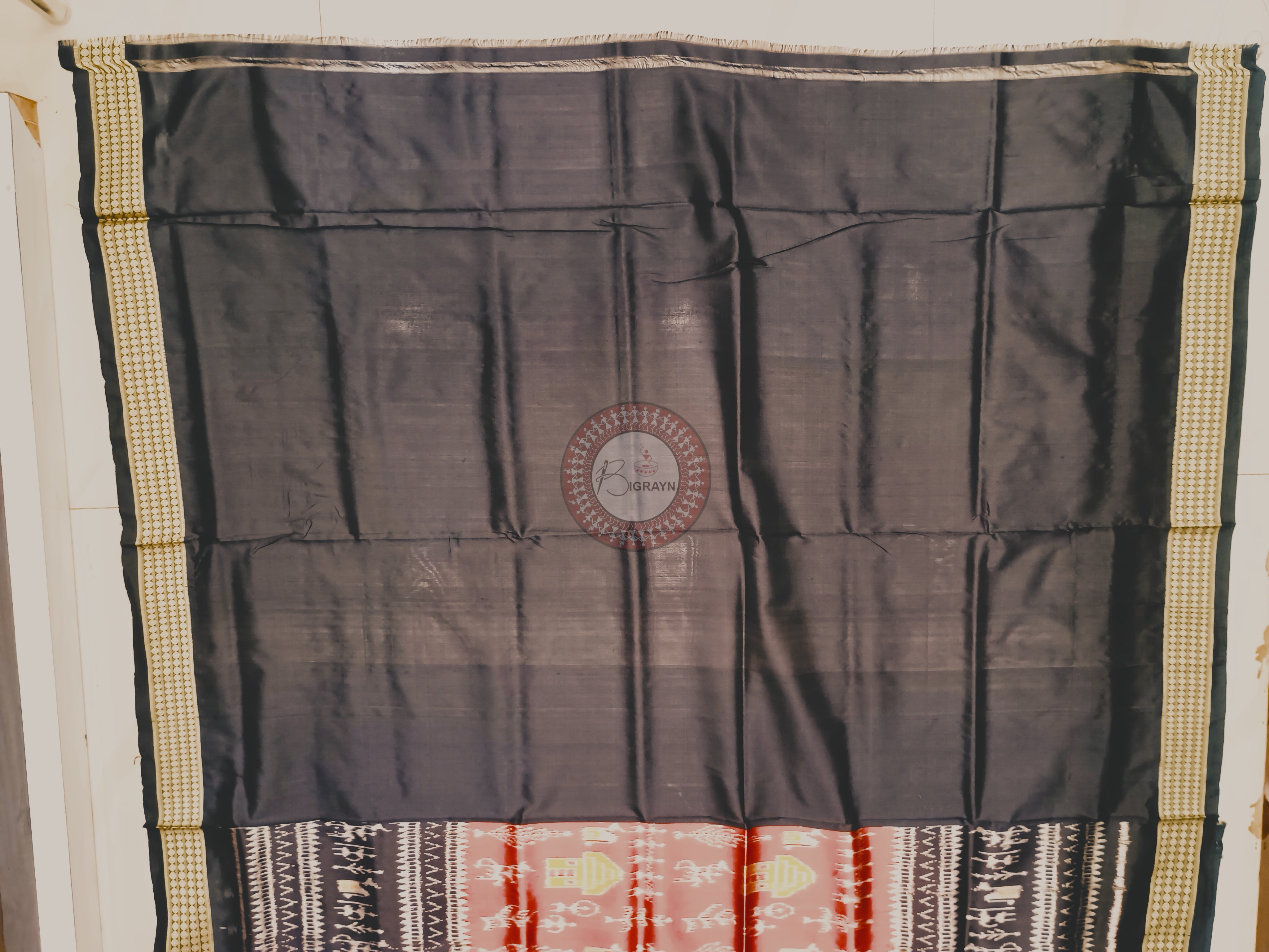 Maroon Black Tribal House Mulberry Silk Saree