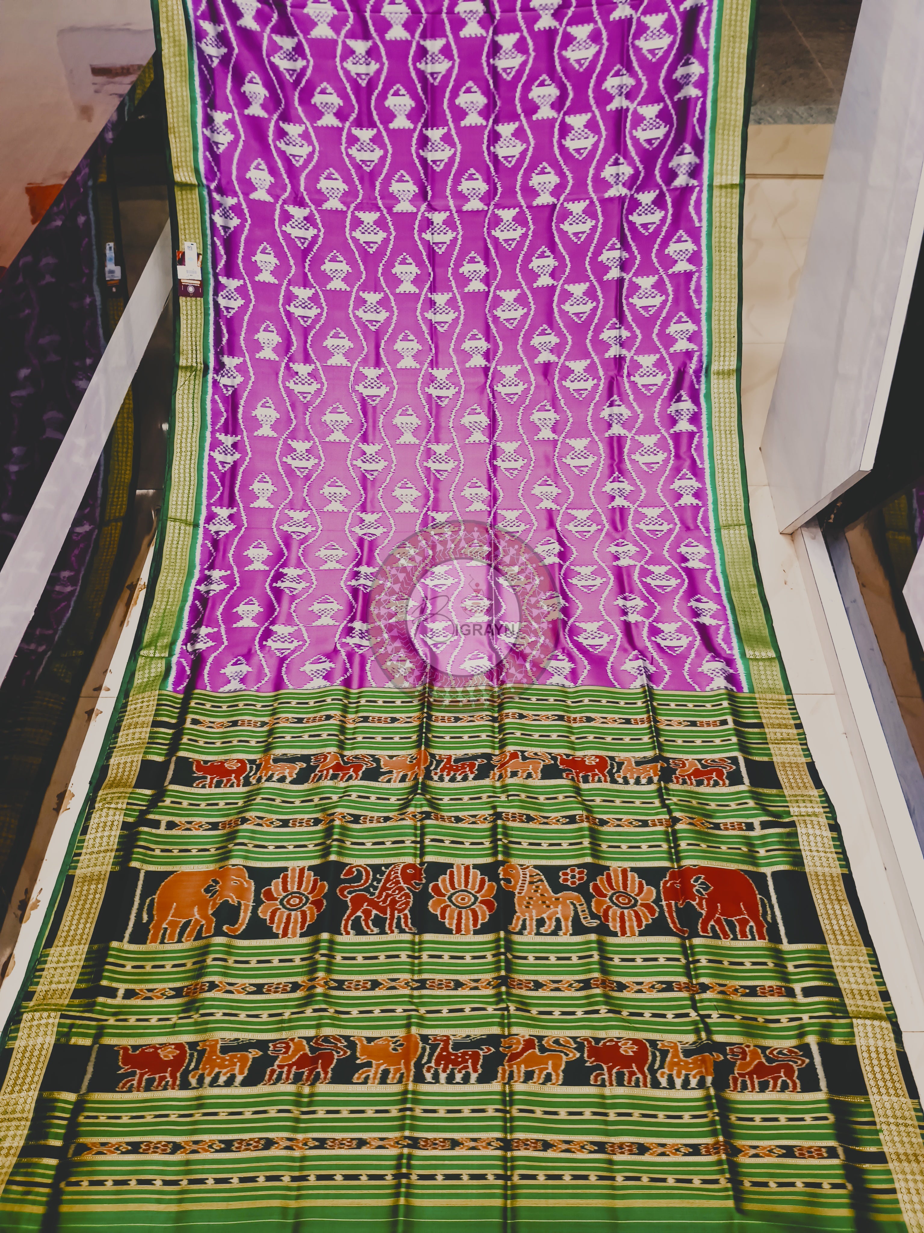 Purple Dark Green Fish Design Mulberry Silk Saree