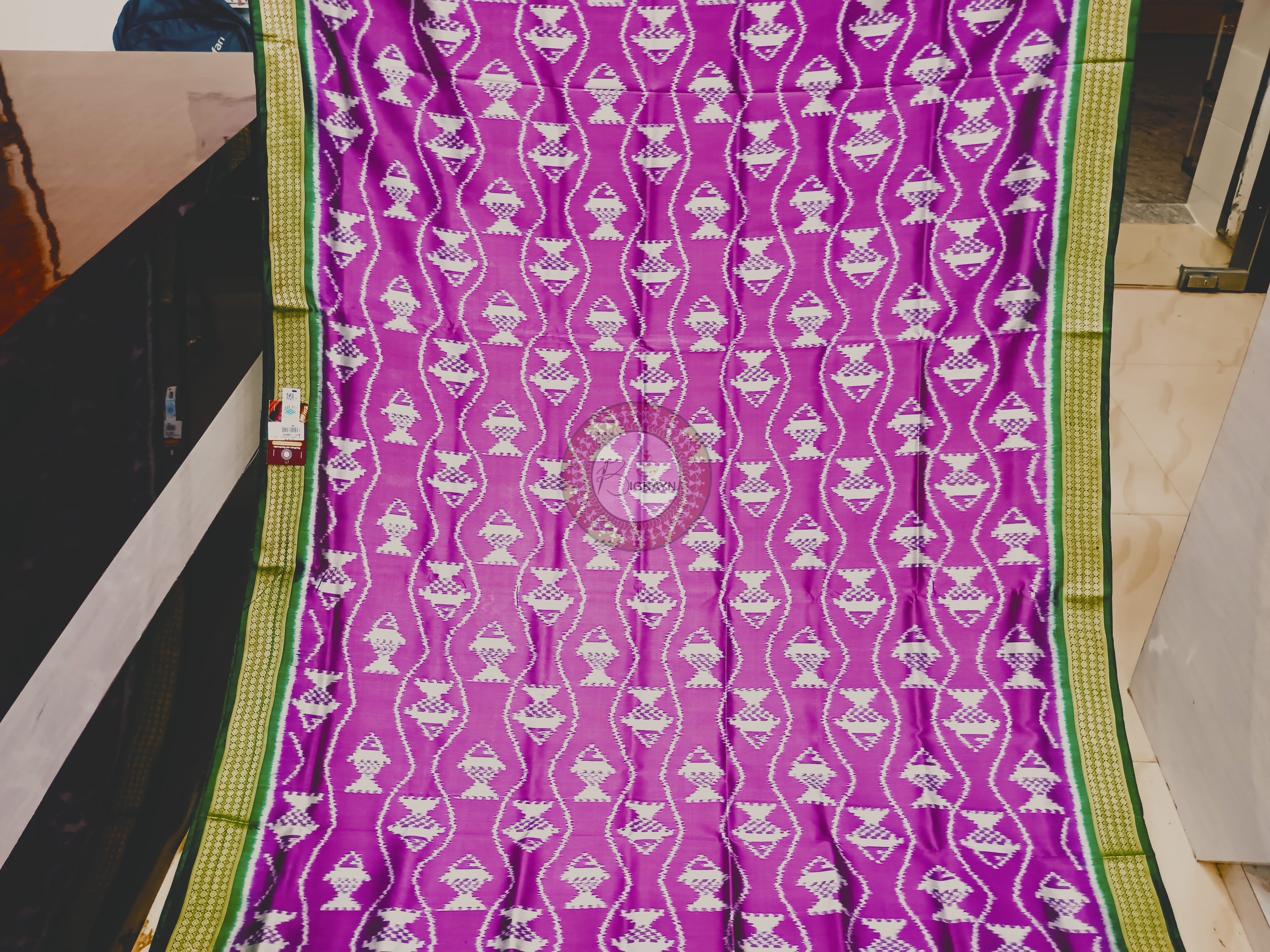Purple Dark Green Fish Design Mulberry Silk Saree