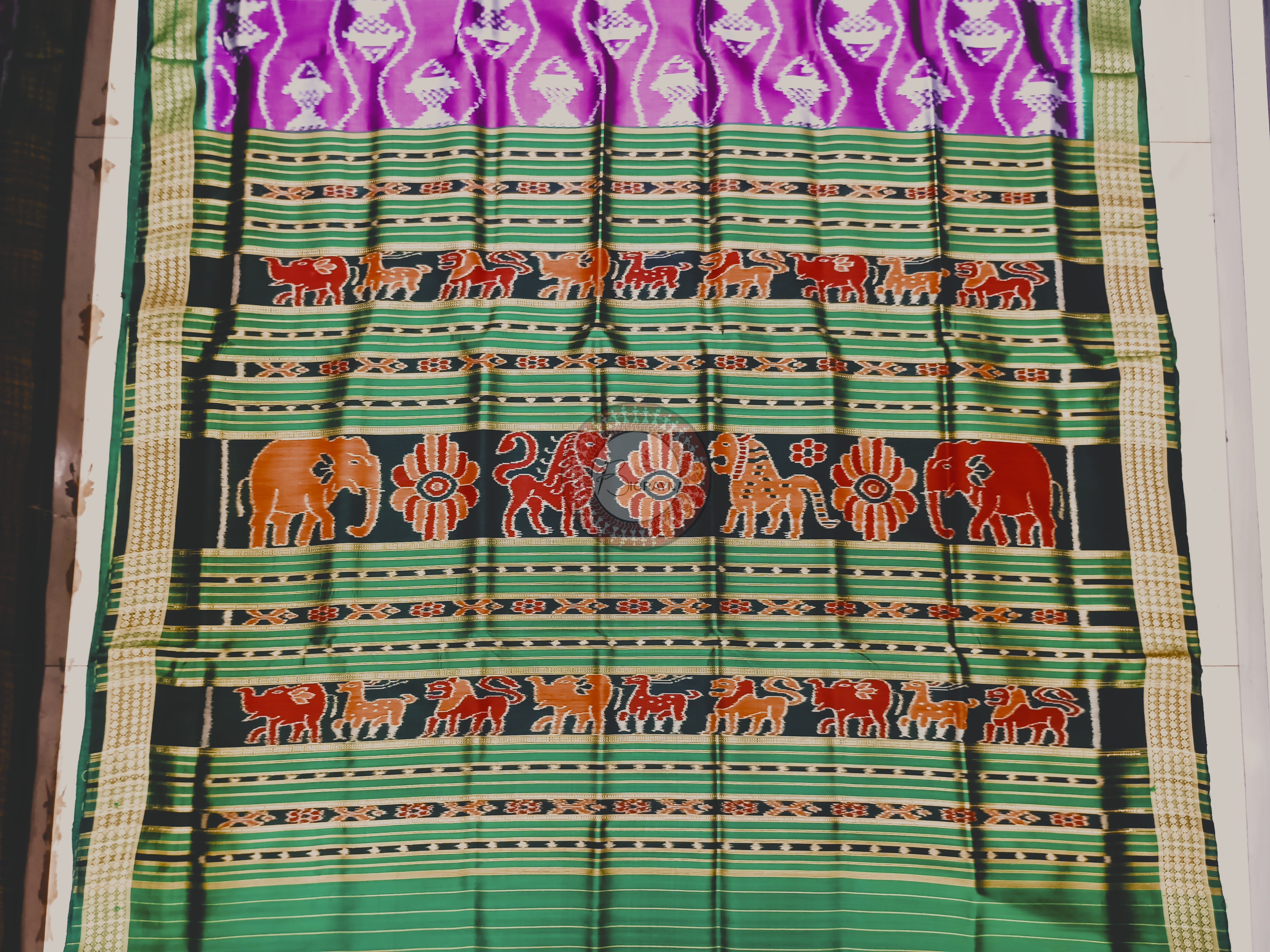 Purple Dark Green Fish Design Mulberry Silk Saree