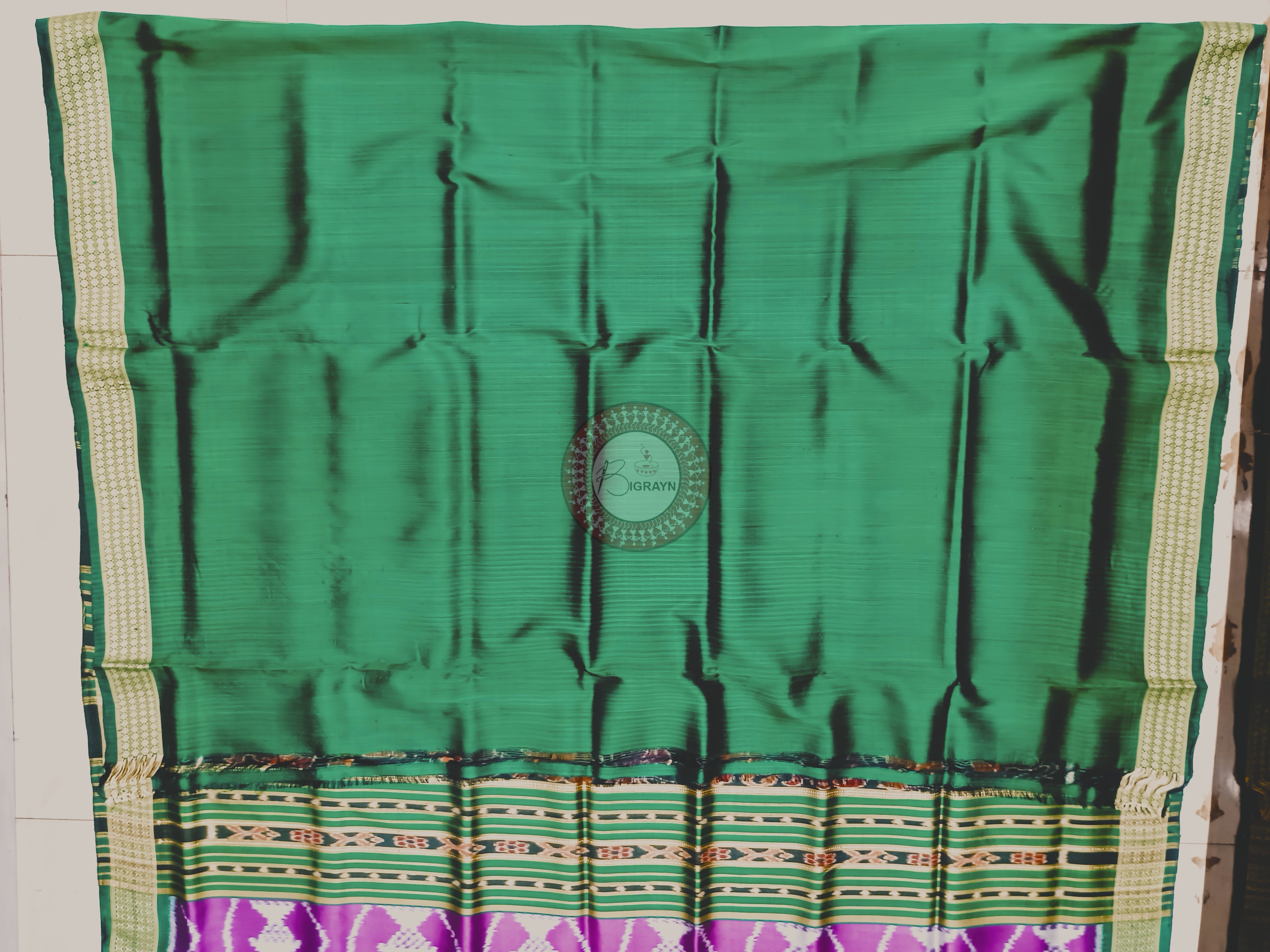 Purple Dark Green Fish Design Mulberry Silk Saree