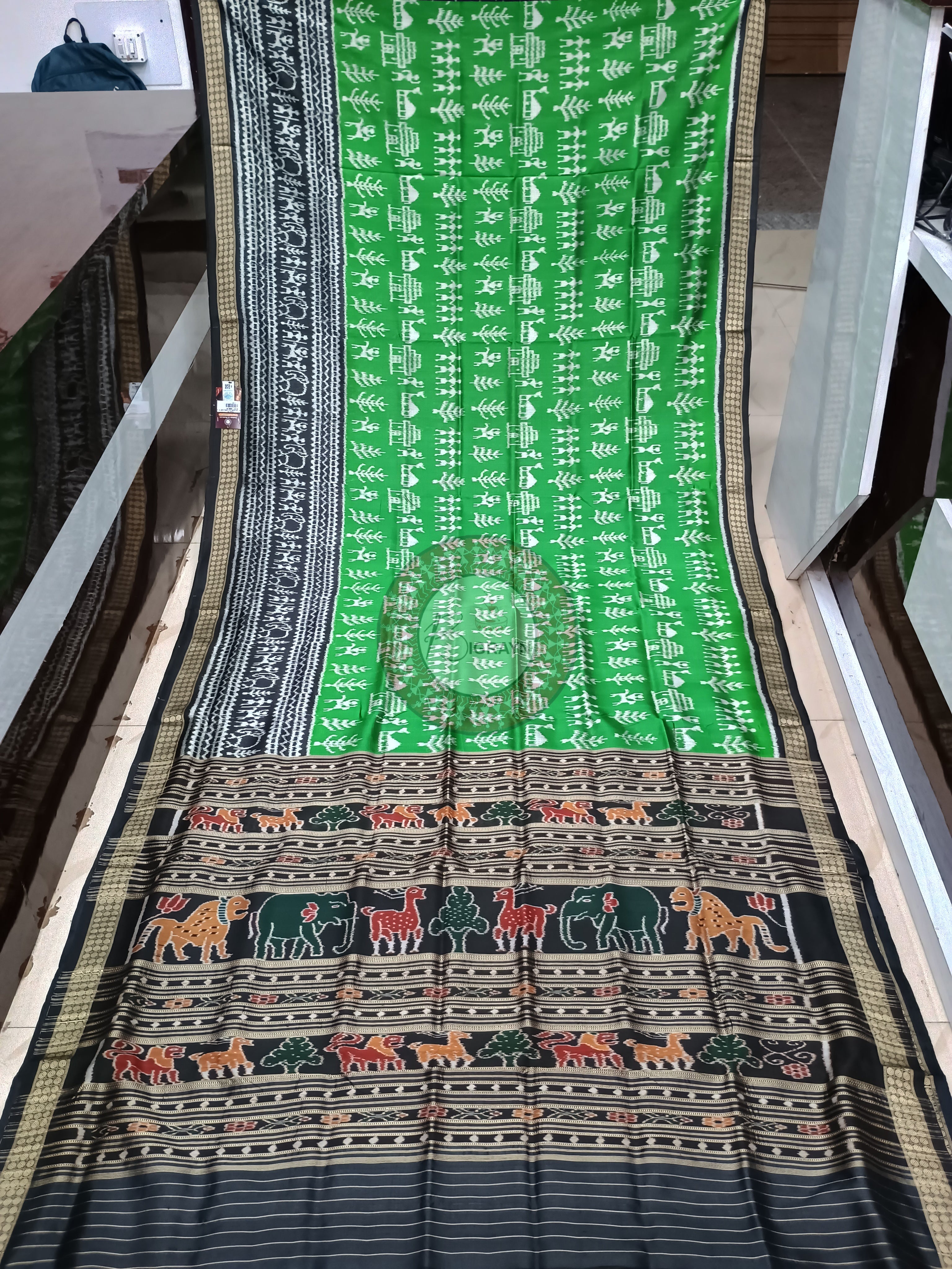 Green Black Tribal Design Mulberry Silk Saree