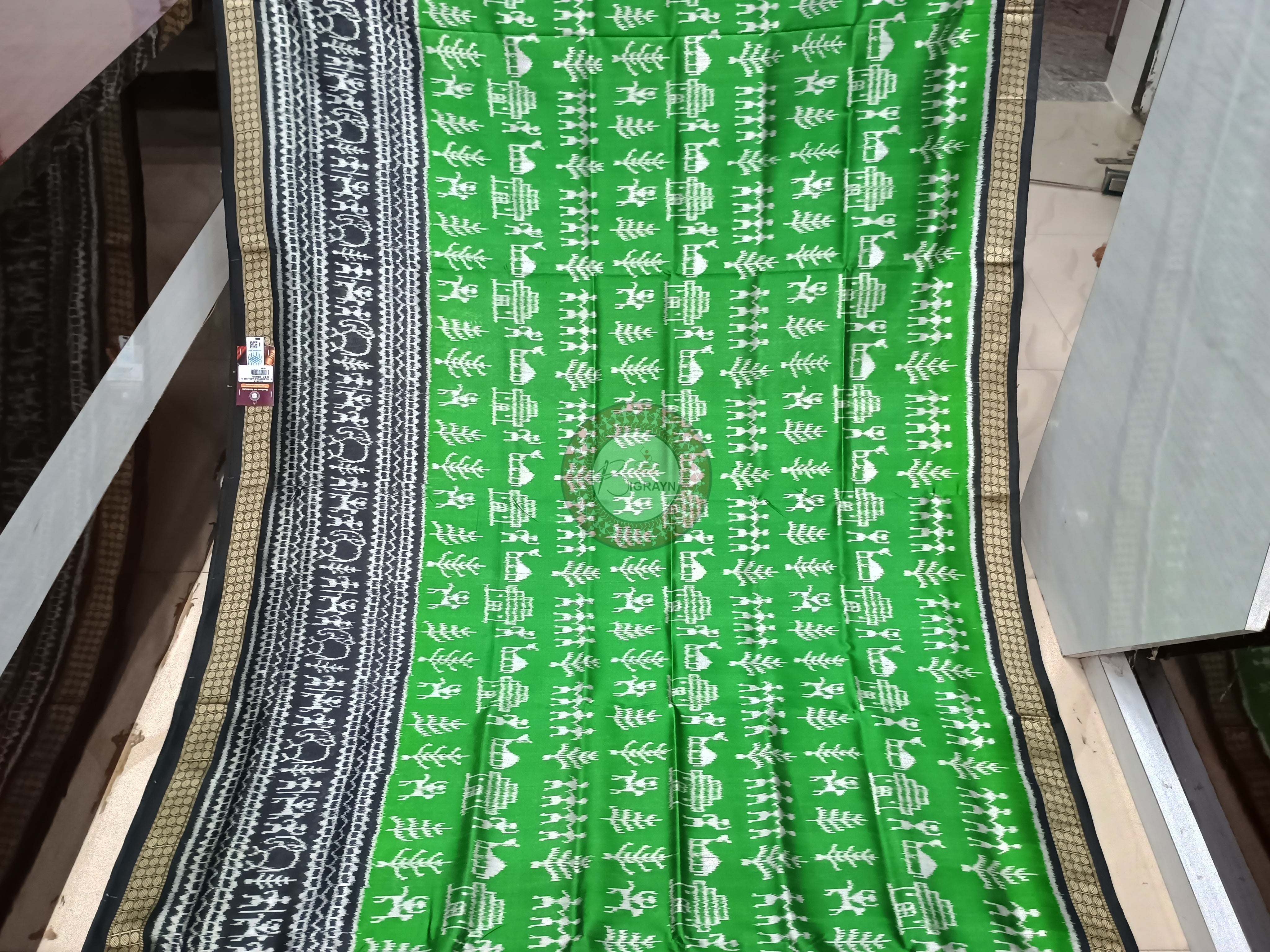 Green Black Tribal Design Mulberry Silk Saree