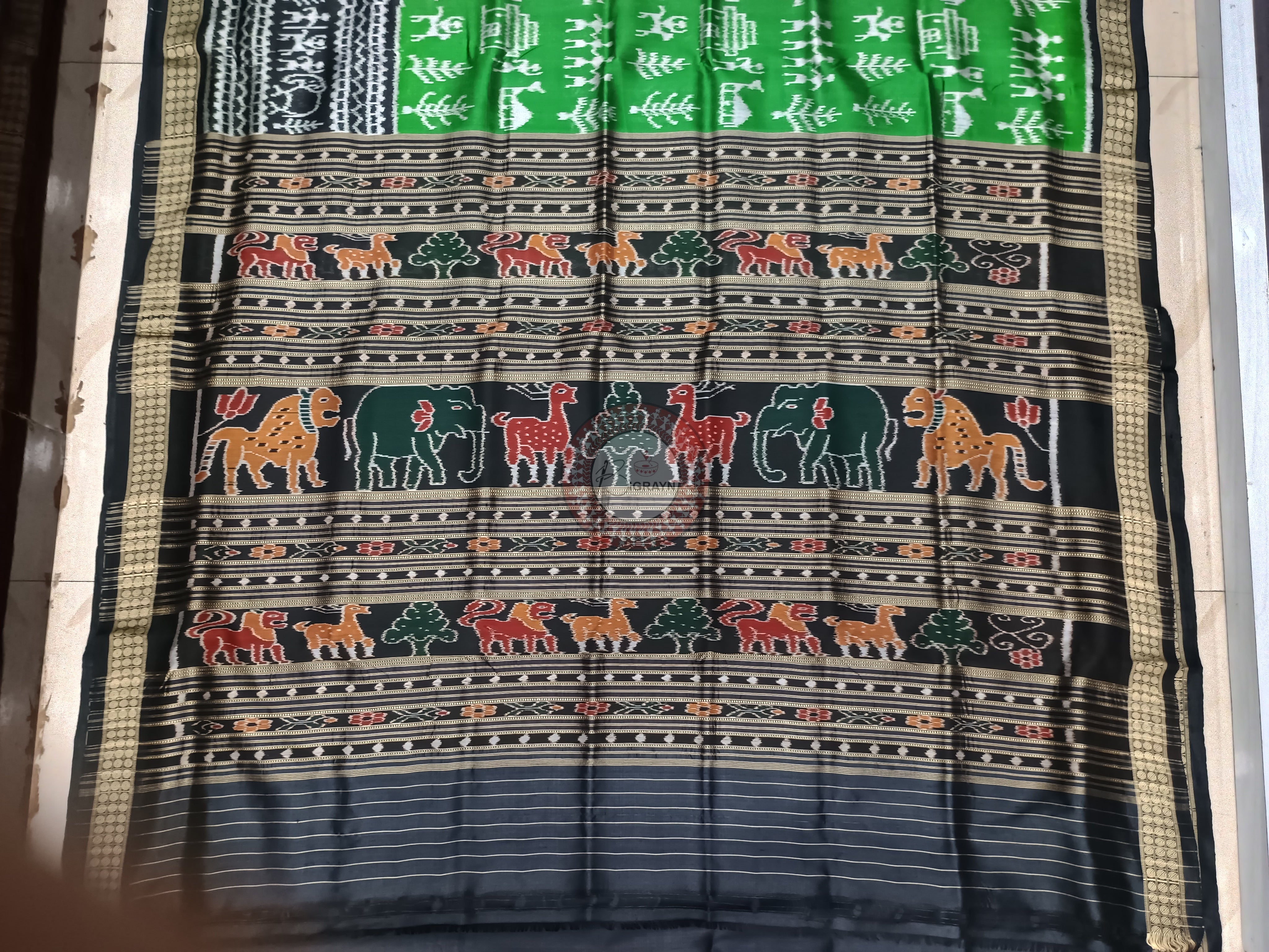 Green Black Tribal Design Mulberry Silk Saree
