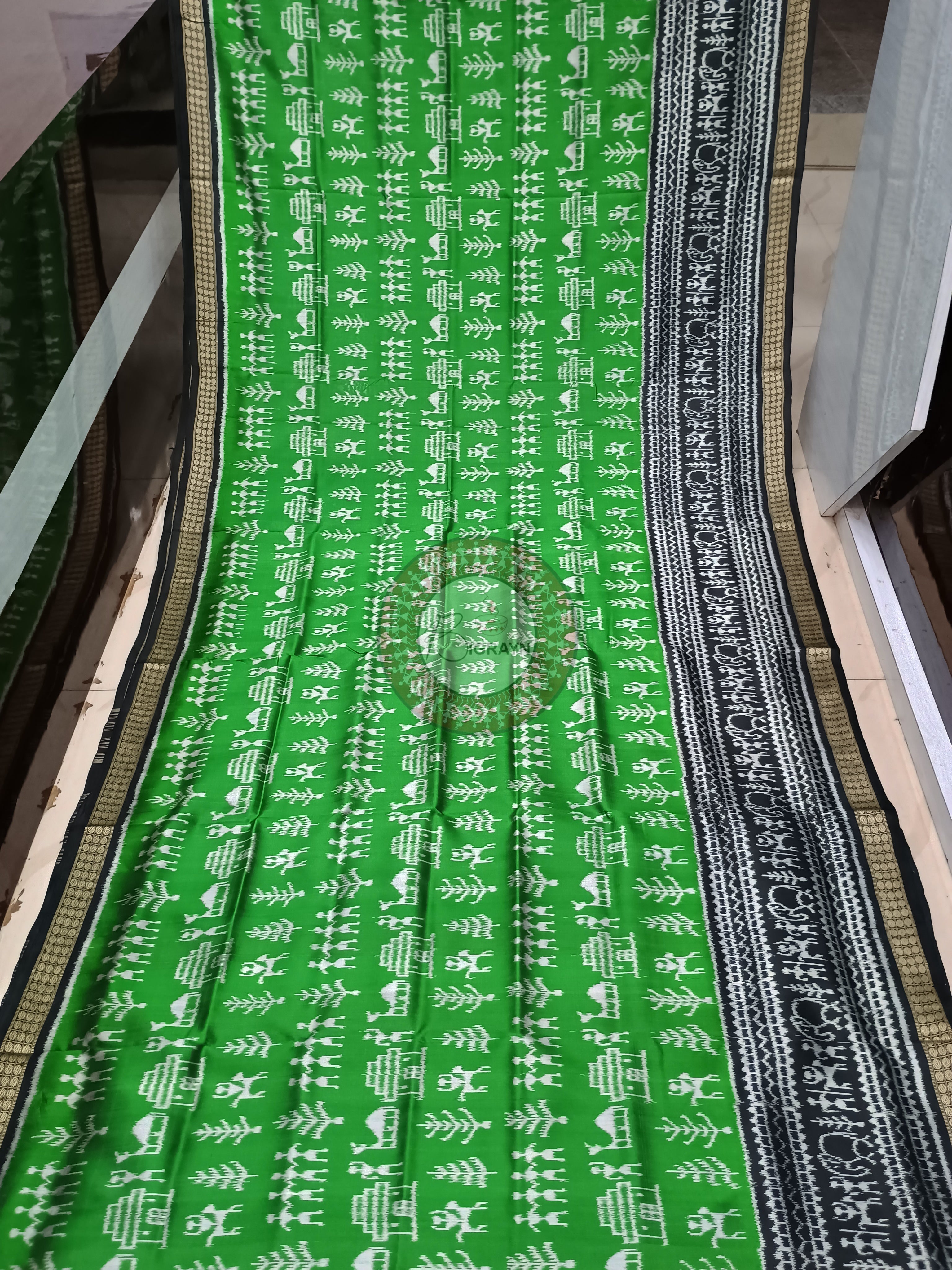 Green Black Tribal Design Mulberry Silk Saree