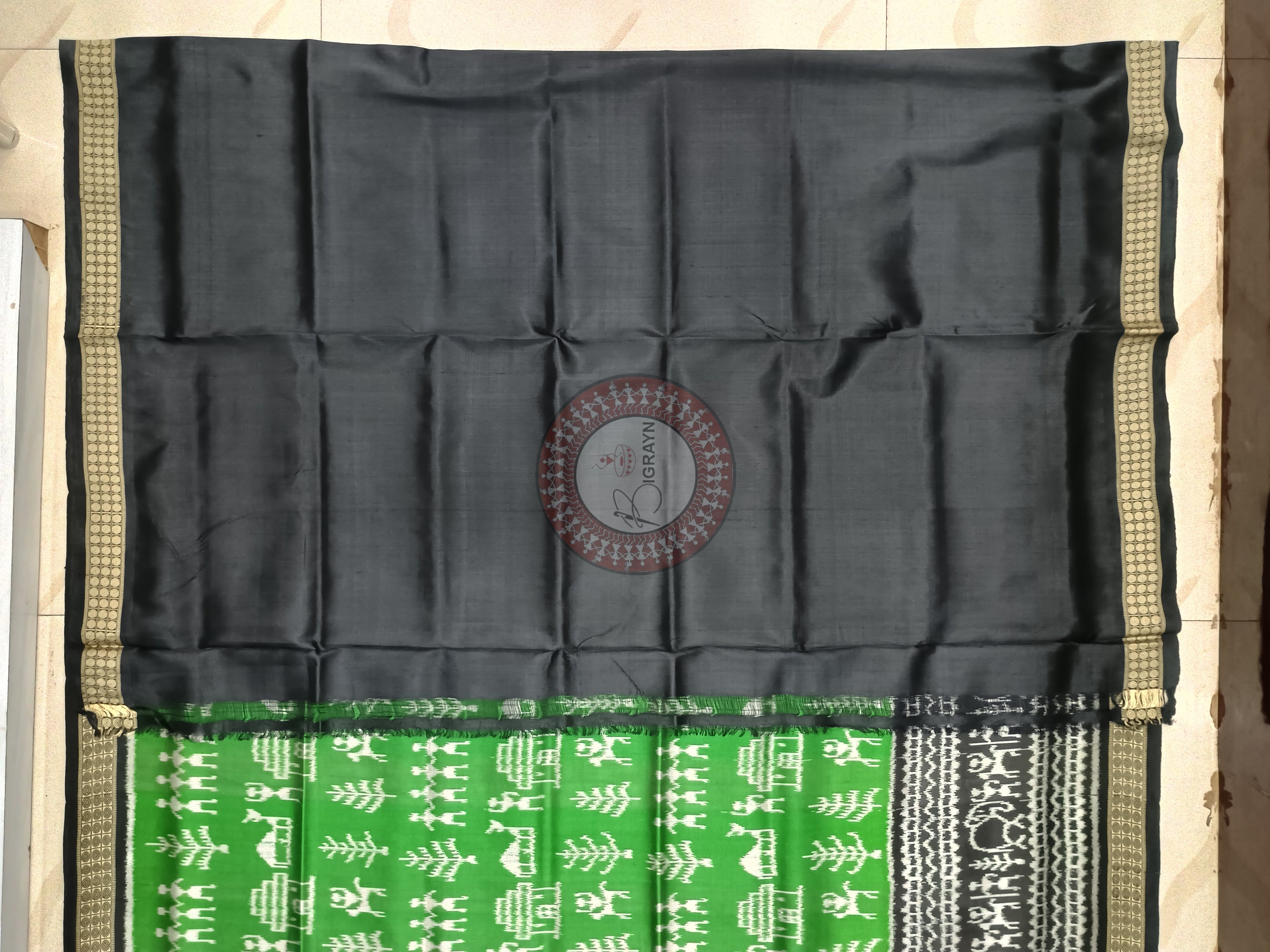 Green Black Tribal Design Mulberry Silk Saree